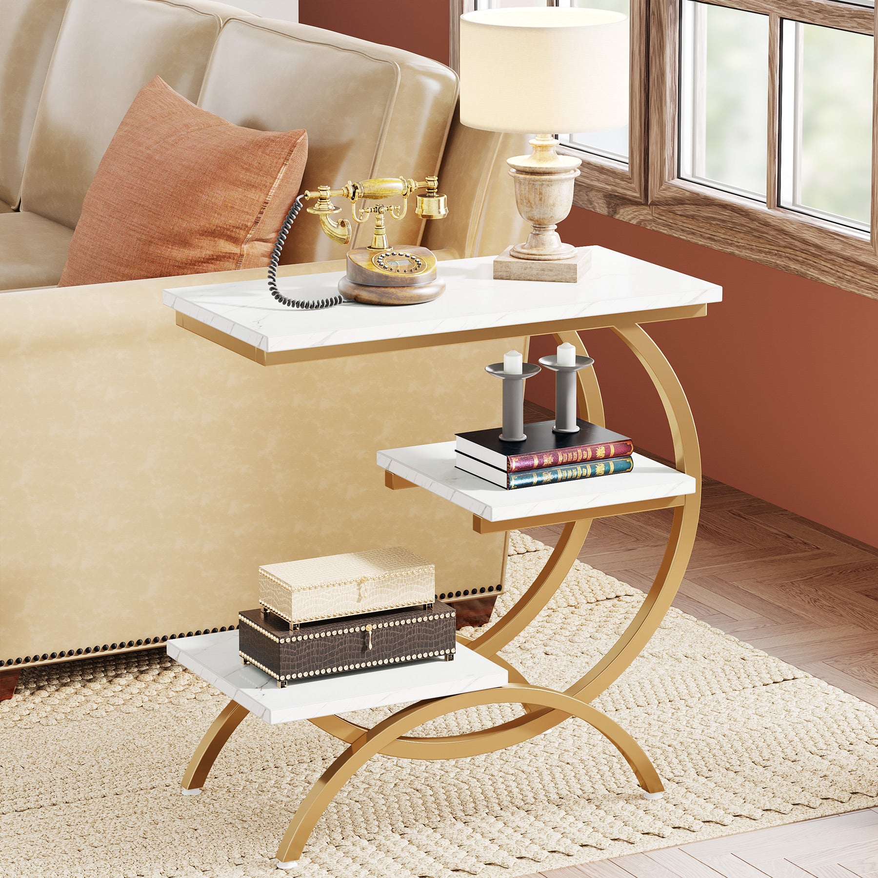 C-Shaped End Table, Industrial 3-Tier Side Table for Small Space