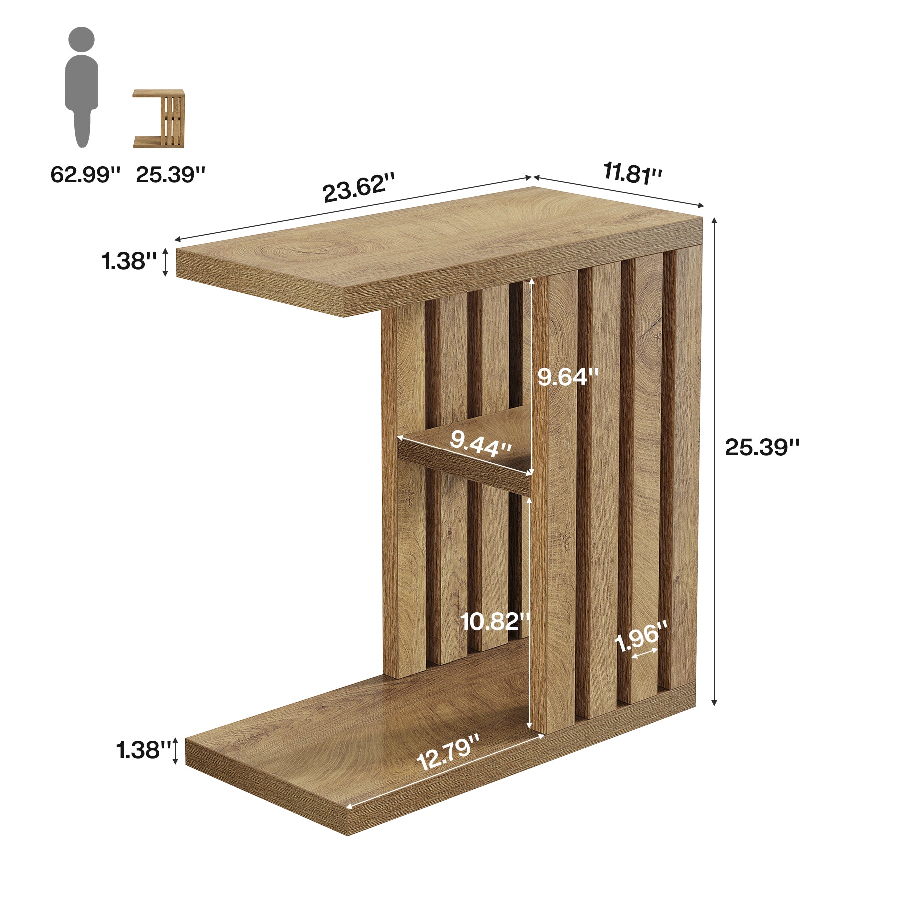 C-Shaped End Table, Small Side Table 3-Tier Wooden Bedside Table for Couch