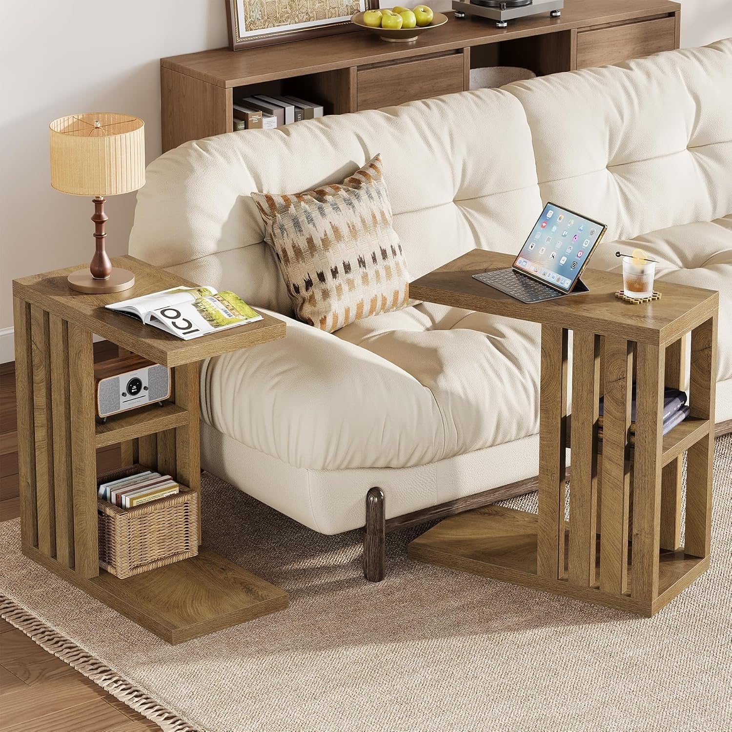 C-Shaped End Table, Small Side Table 3-Tier Wooden Bedside Table for Couch