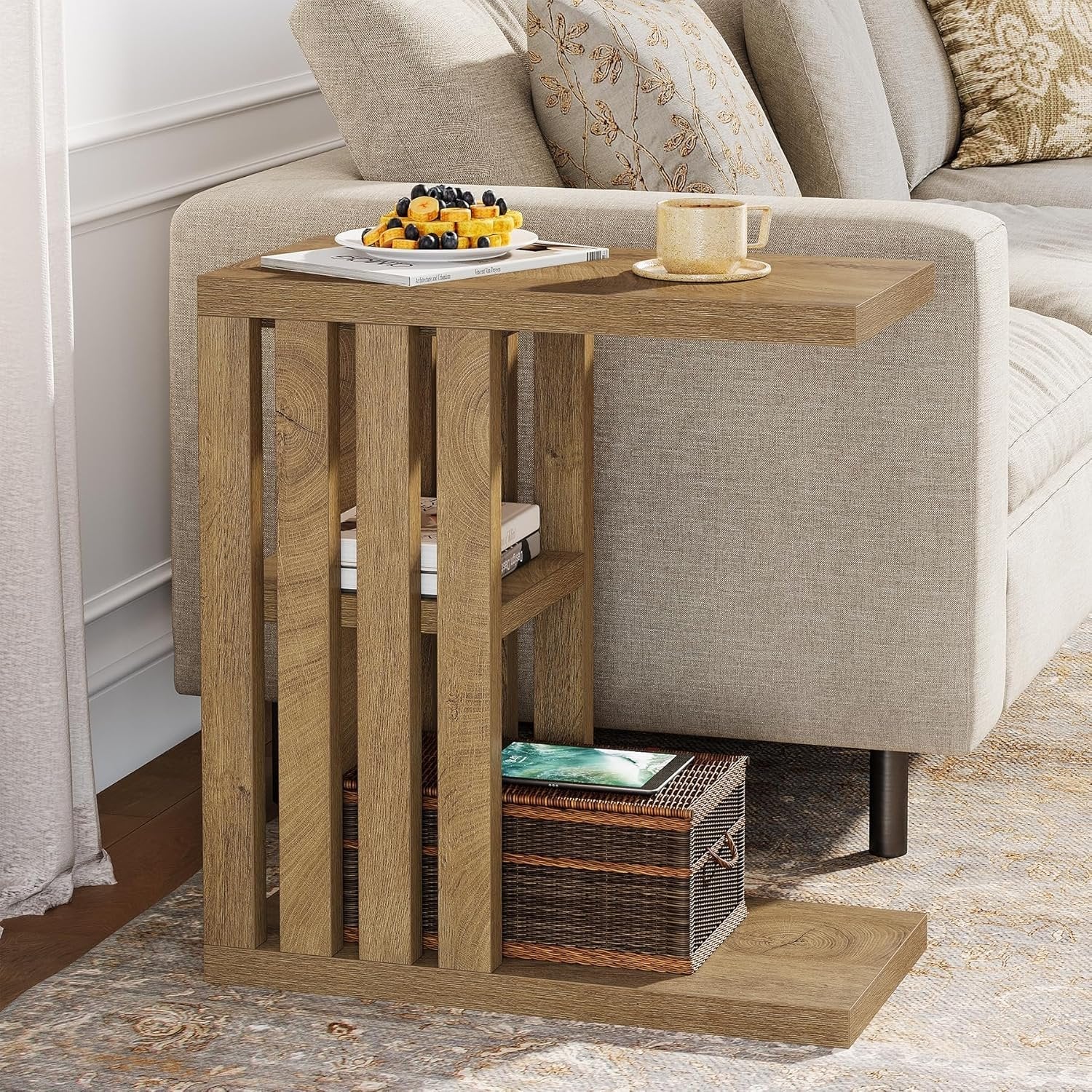 C-Shaped End Table, Small Side Table 3-Tier Wooden Bedside Table for Couch