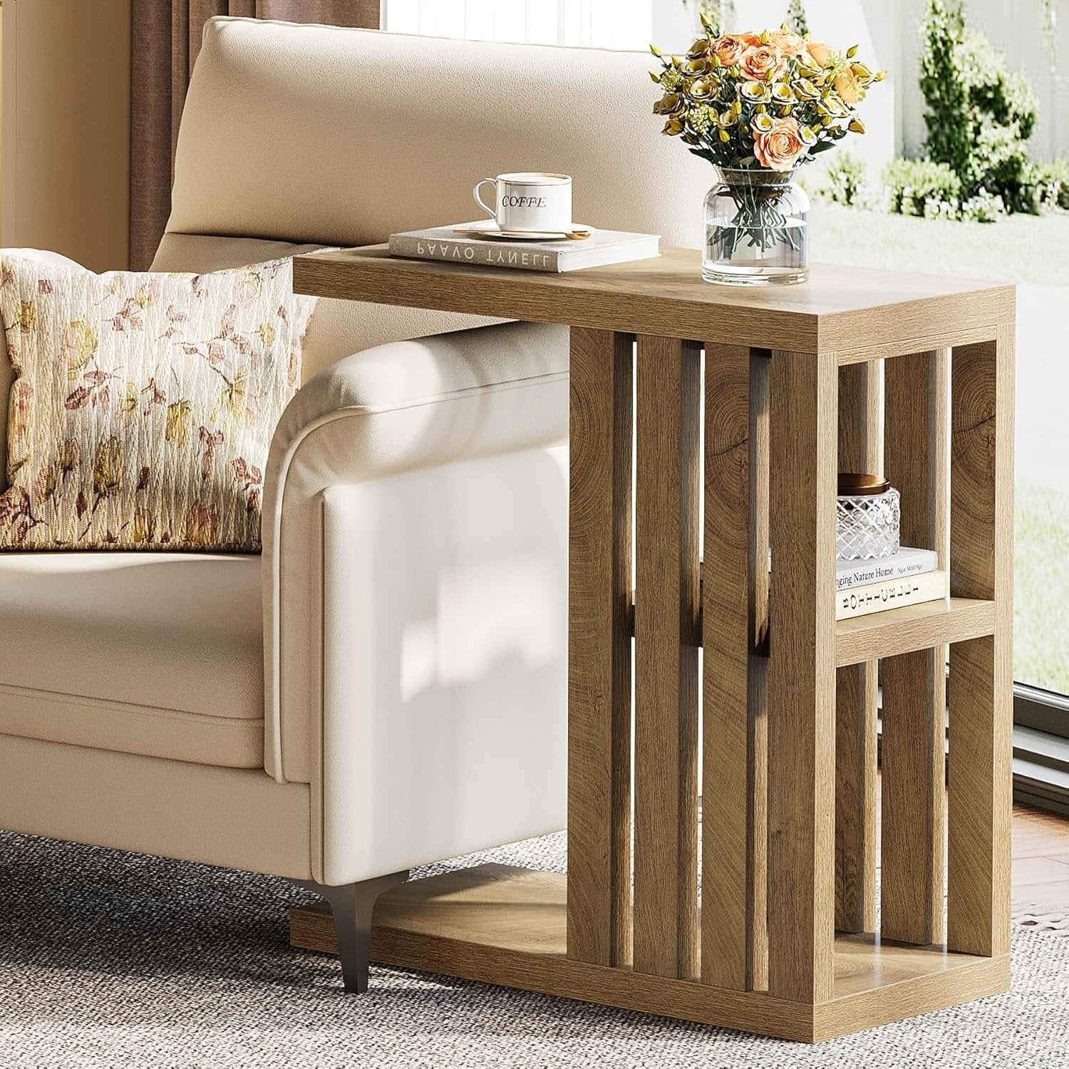 C-Shaped End Table, Small Side Table 3-Tier Wooden Bedside Table for Couch
