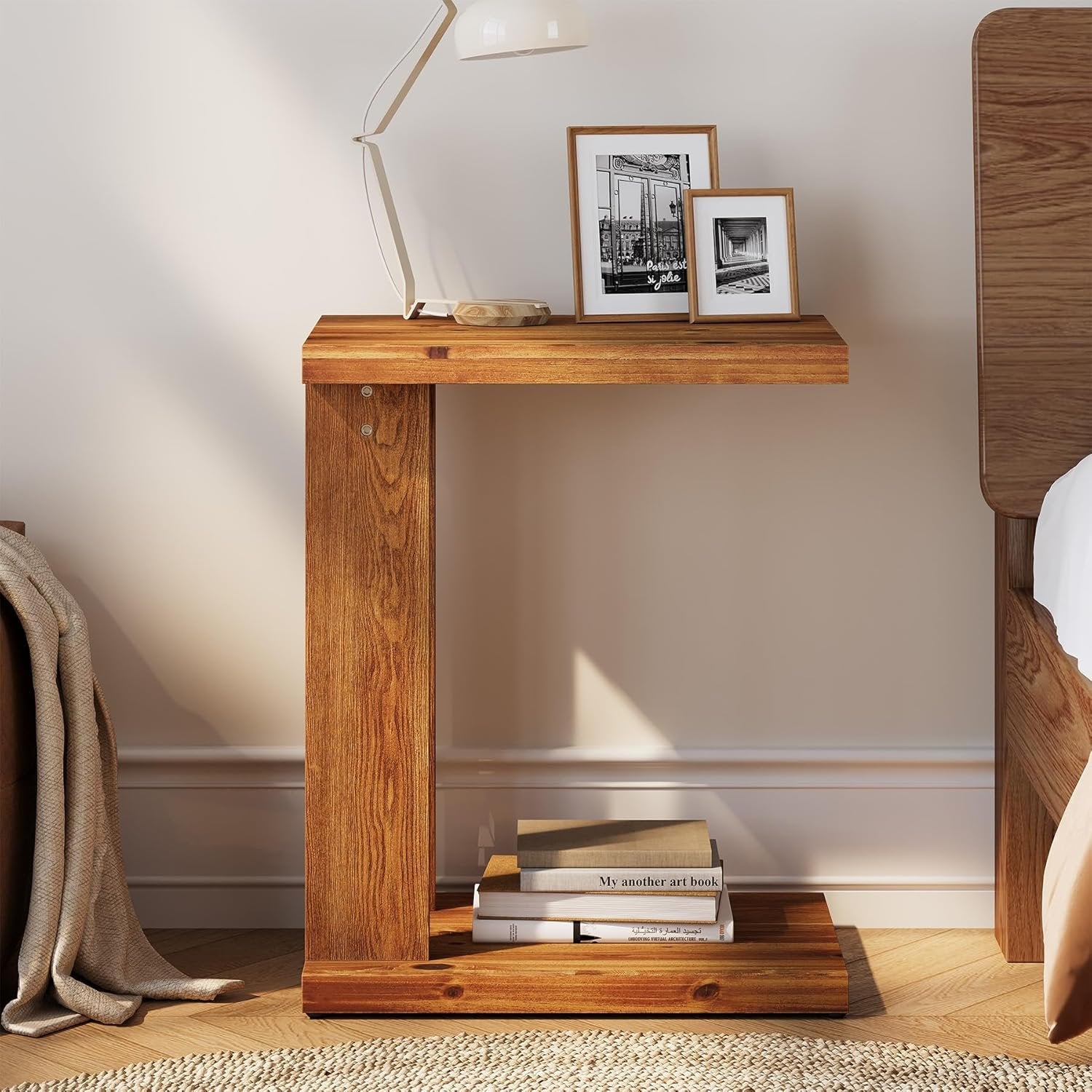 C-Shaped End Table, Wood 2-Tier Side Table Bedside Nightstand