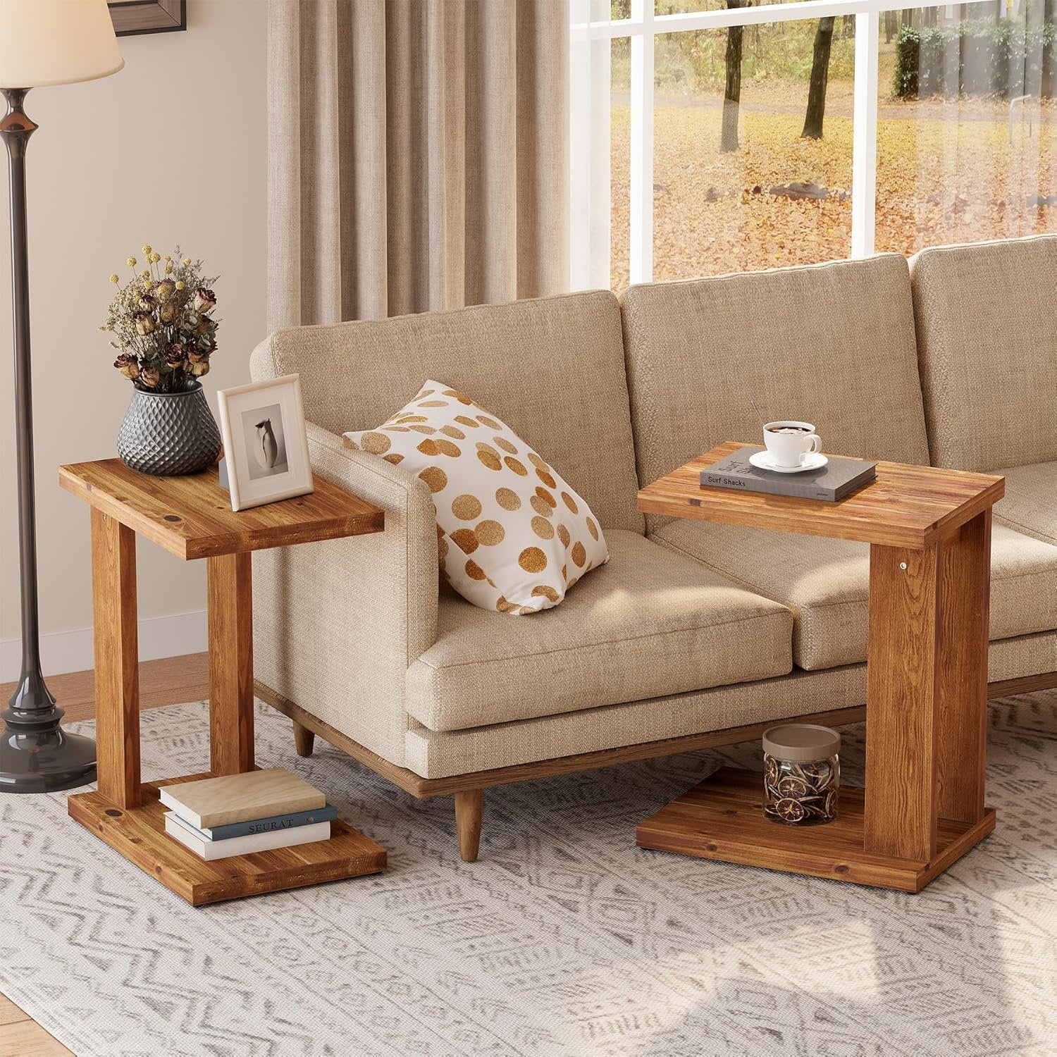 C-Shaped End Table, Wood 2-Tier Side Table Bedside Nightstand