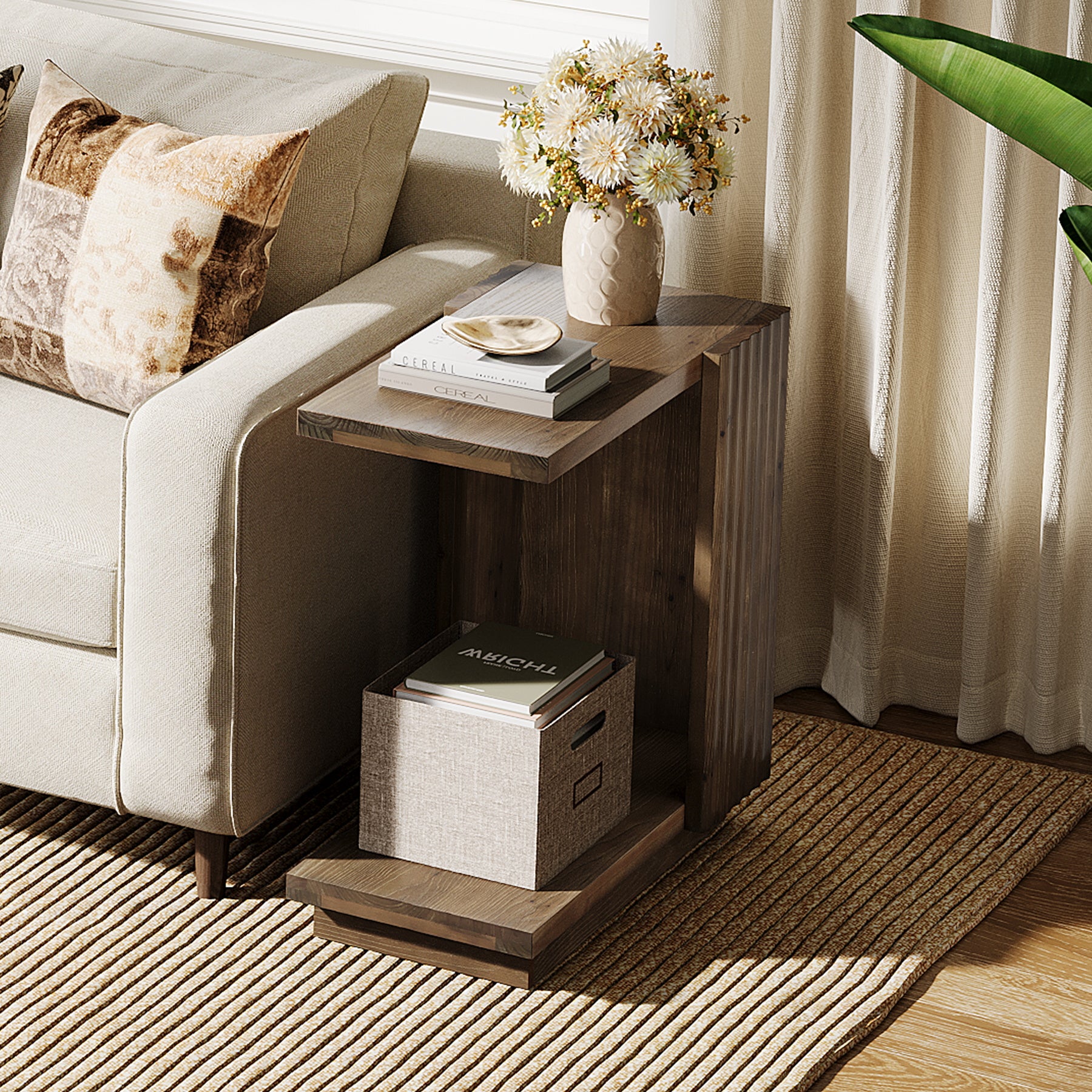 C Shaped Sofa End Table, Wood Side Table with Fluted Panels