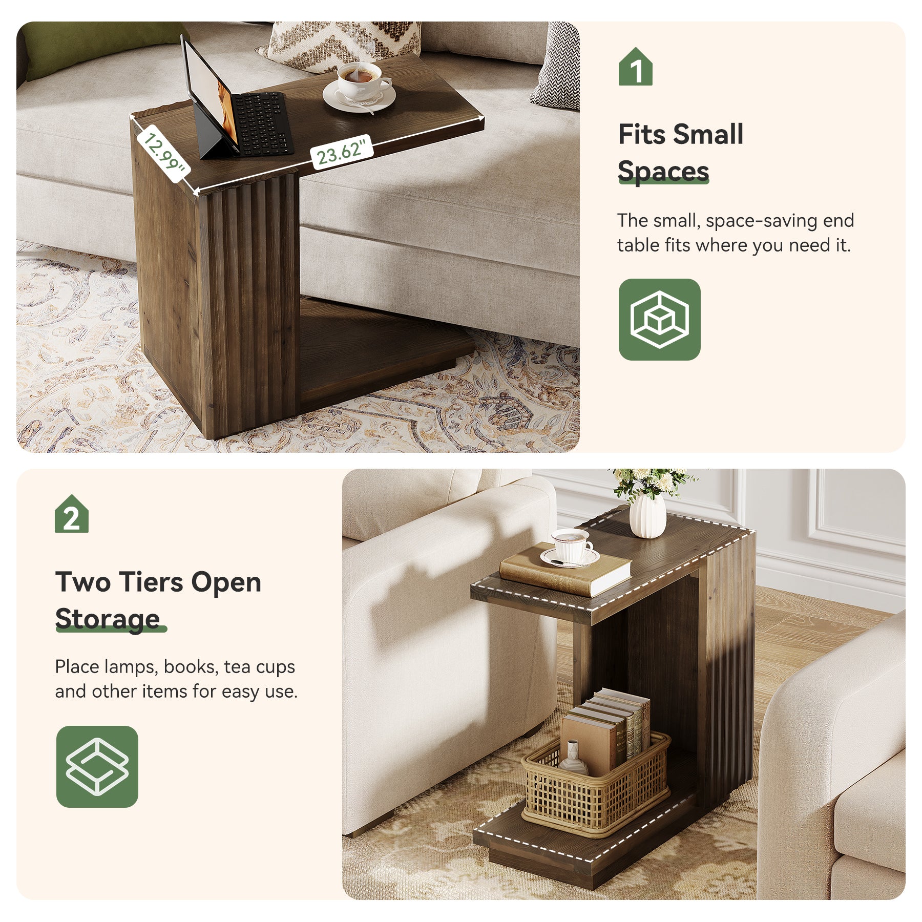 C Shaped Sofa End Table, Wood Side Table with Fluted Panels