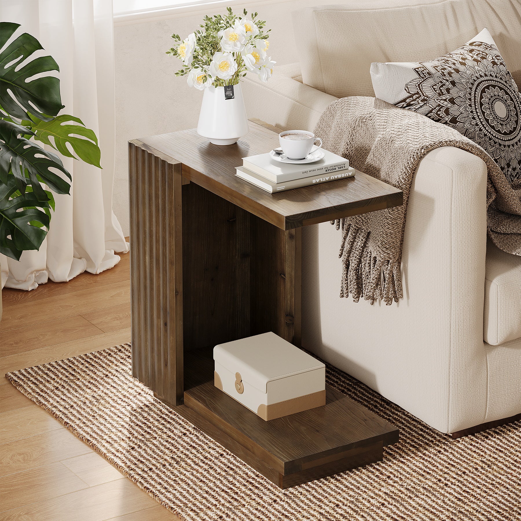 C Shaped Sofa End Table, Wood Side Table with Fluted Panels