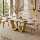 79" Rectangular Sintered Stone Dining Table for 8, White & Gold Stainless Steel Pedestal 3