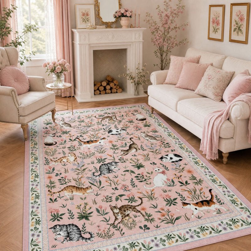 Cute Cat Floral Runner Rug Non-Slip Washable Soft Low-Pile Carpet
