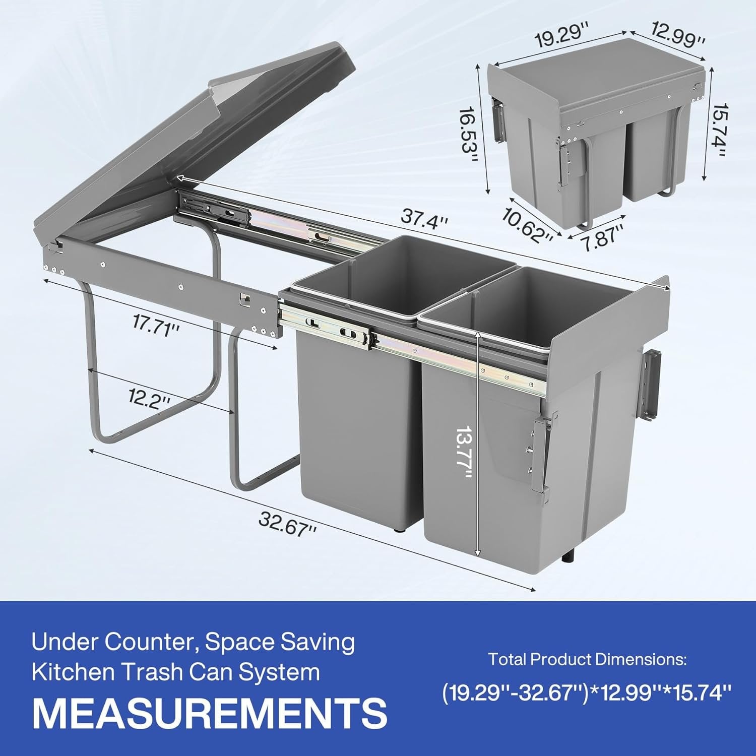 Double Pull Out Trash Can, Garbage for Under Kitchen Cabinets 44 Qt with Soft-Close Slides
