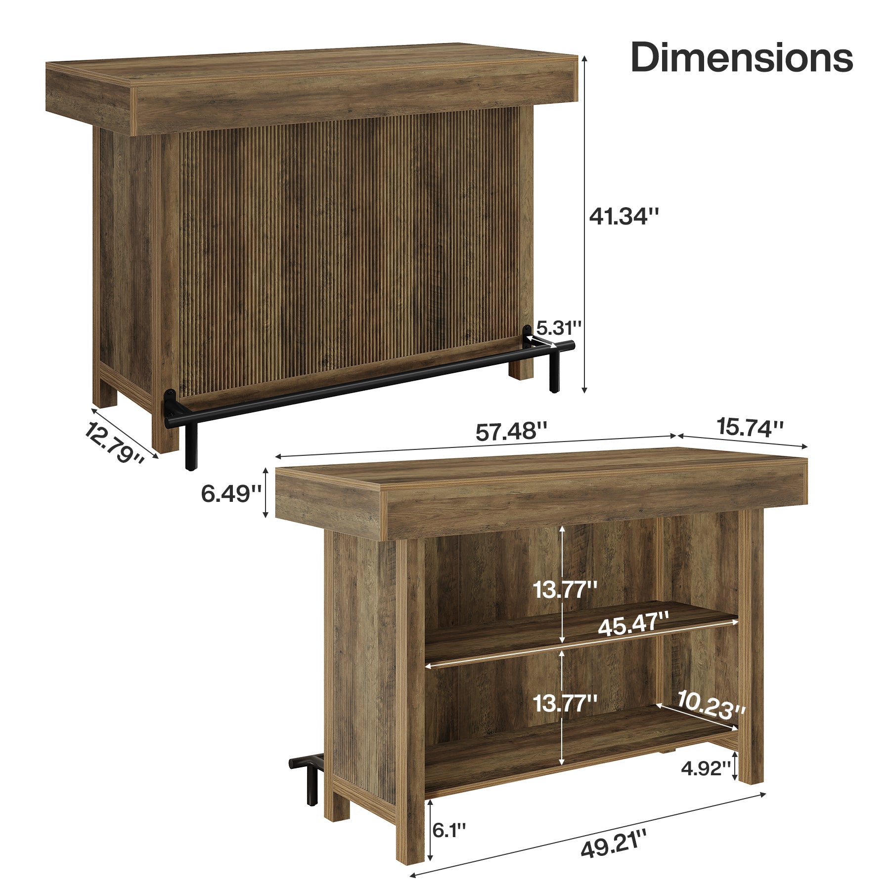 57.48" Bar Unit, Industrial Counter Height Bar Table with 2-Tier Storage