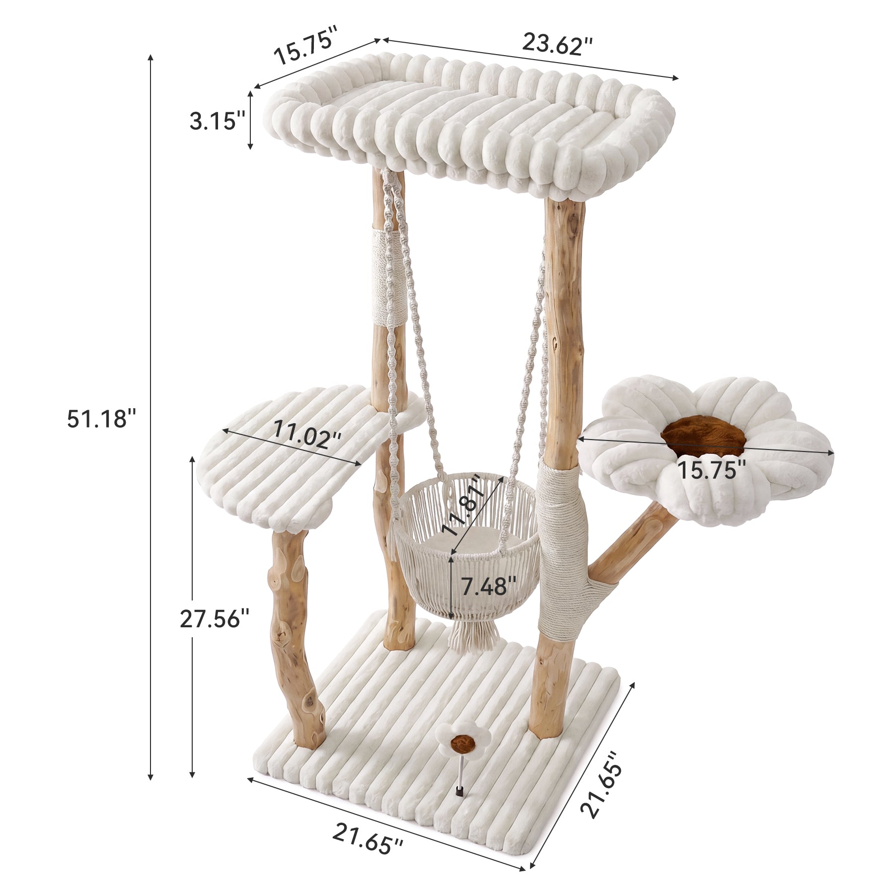 51" Solid Wood Cat Tree with Scratching Posts, Cat Tower with Swinging Basket, Washable Cushion, Dangling Toy