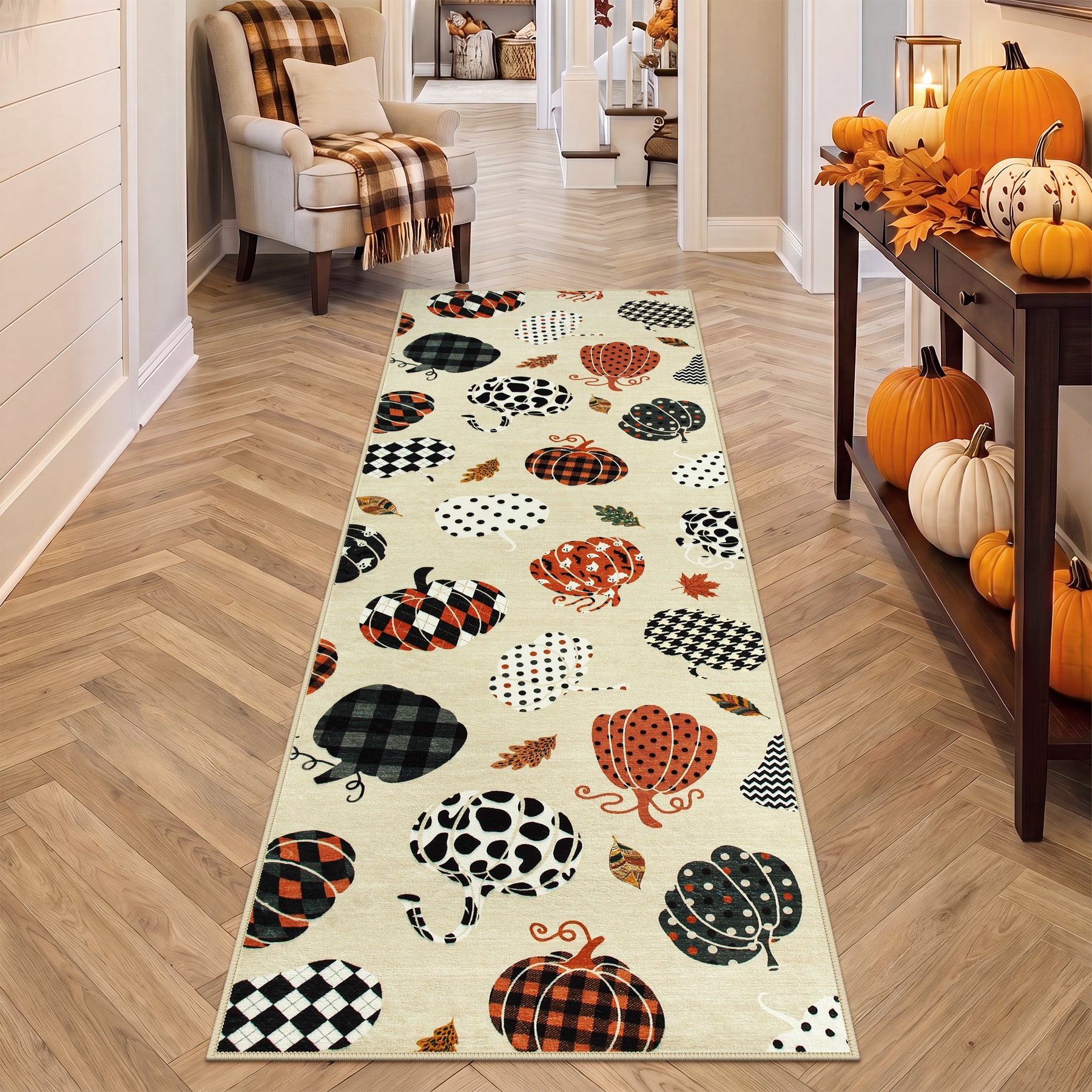Multiple Sizes Fall Pumpkin Area Rug, Rectangular Washable Non-Slip Halloween Farmhouse Runner Rug