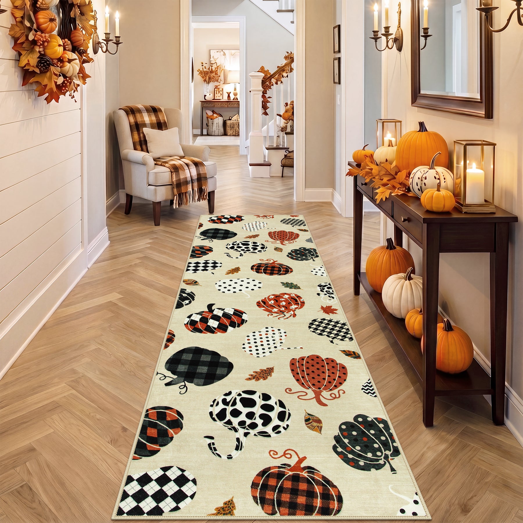 Multiple Sizes Fall Pumpkin Area Rug, Rectangular Washable Non-Slip Halloween Farmhouse Runner Rug