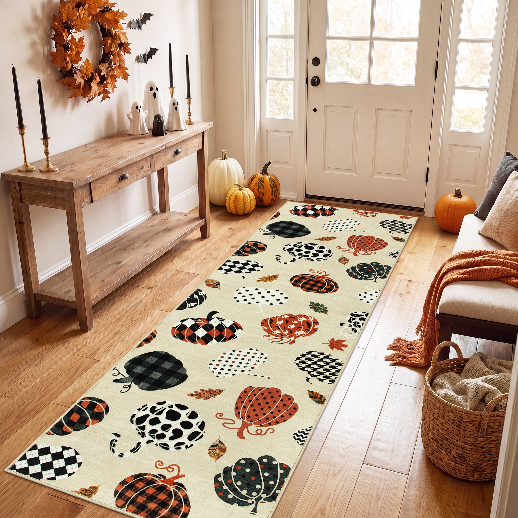 Multiple Sizes Fall Pumpkin Area Rug, Rectangular Washable Non-Slip Halloween Farmhouse Runner Rug