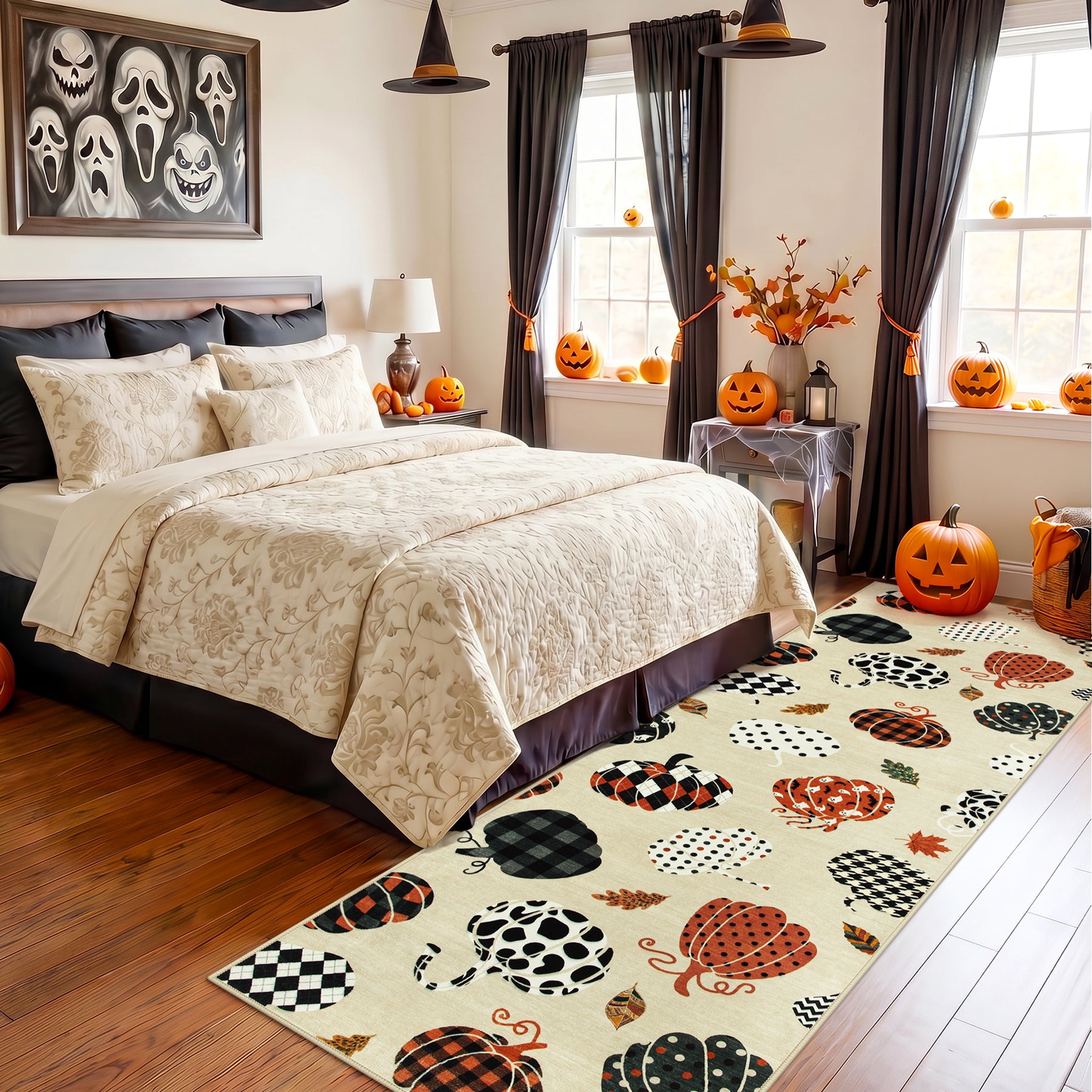 Multiple Sizes Fall Pumpkin Area Rug, Rectangular Washable Non-Slip Halloween Farmhouse Runner Rug