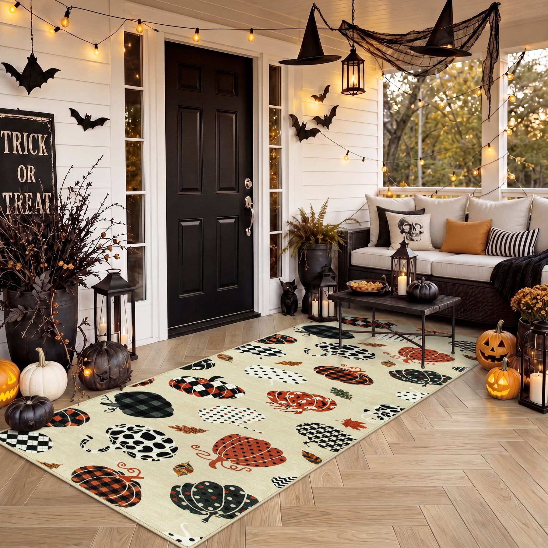 Multiple Sizes Fall Pumpkin Area Rug, Rectangular Washable Non-Slip Halloween Farmhouse Runner Rug