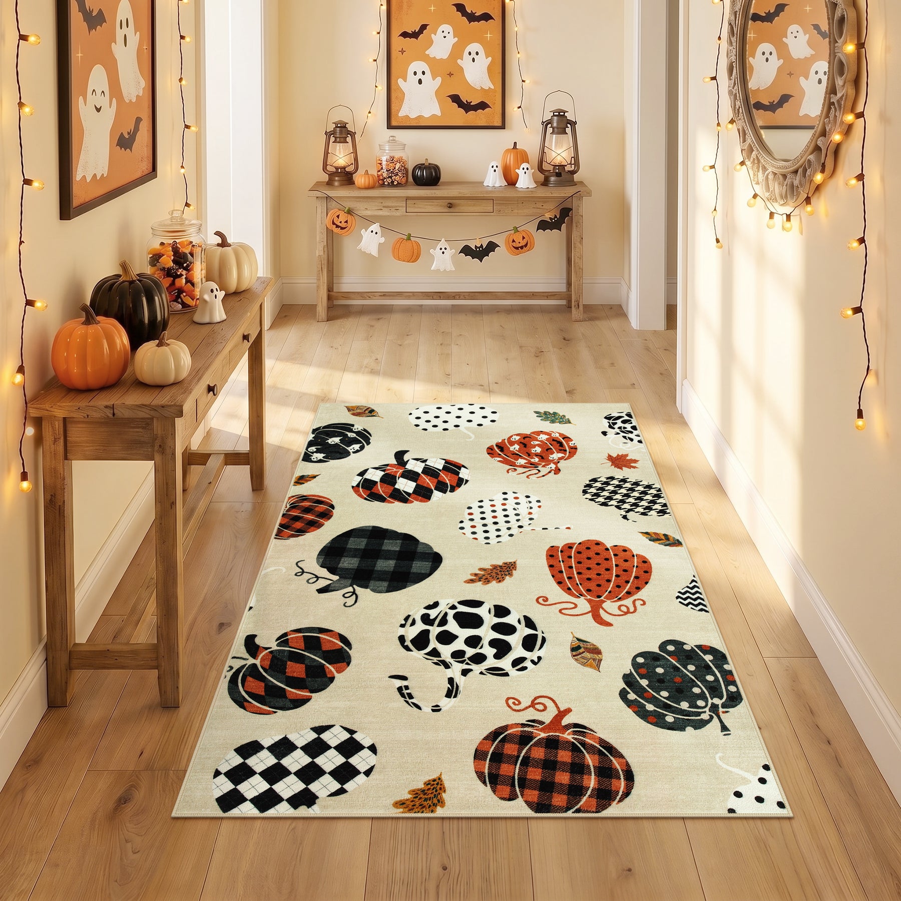 Multiple Sizes Fall Pumpkin Area Rug, Rectangular Washable Non-Slip Halloween Farmhouse Runner Rug