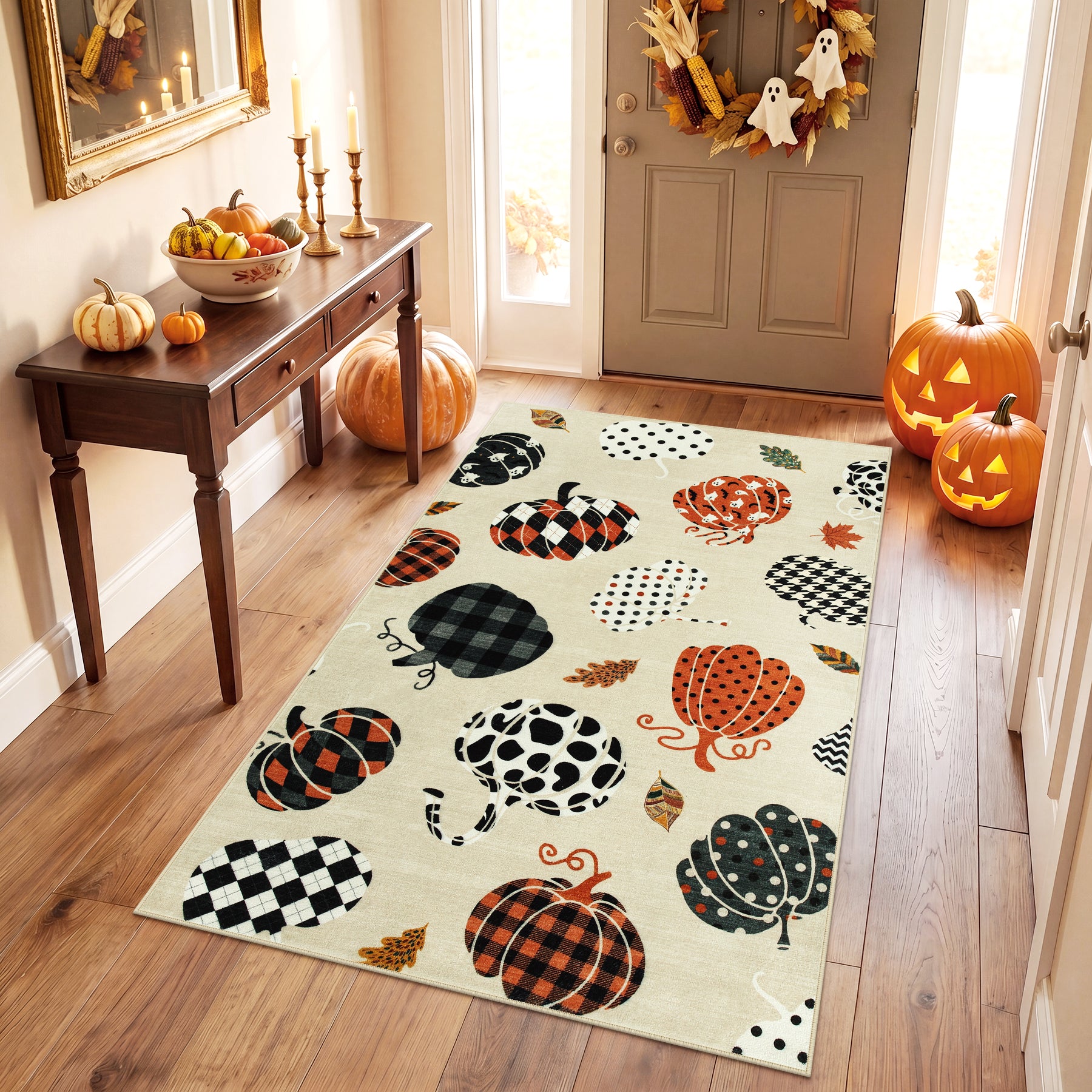 Multiple Sizes Fall Pumpkin Area Rug, Rectangular Washable Non-Slip Halloween Farmhouse Runner Rug