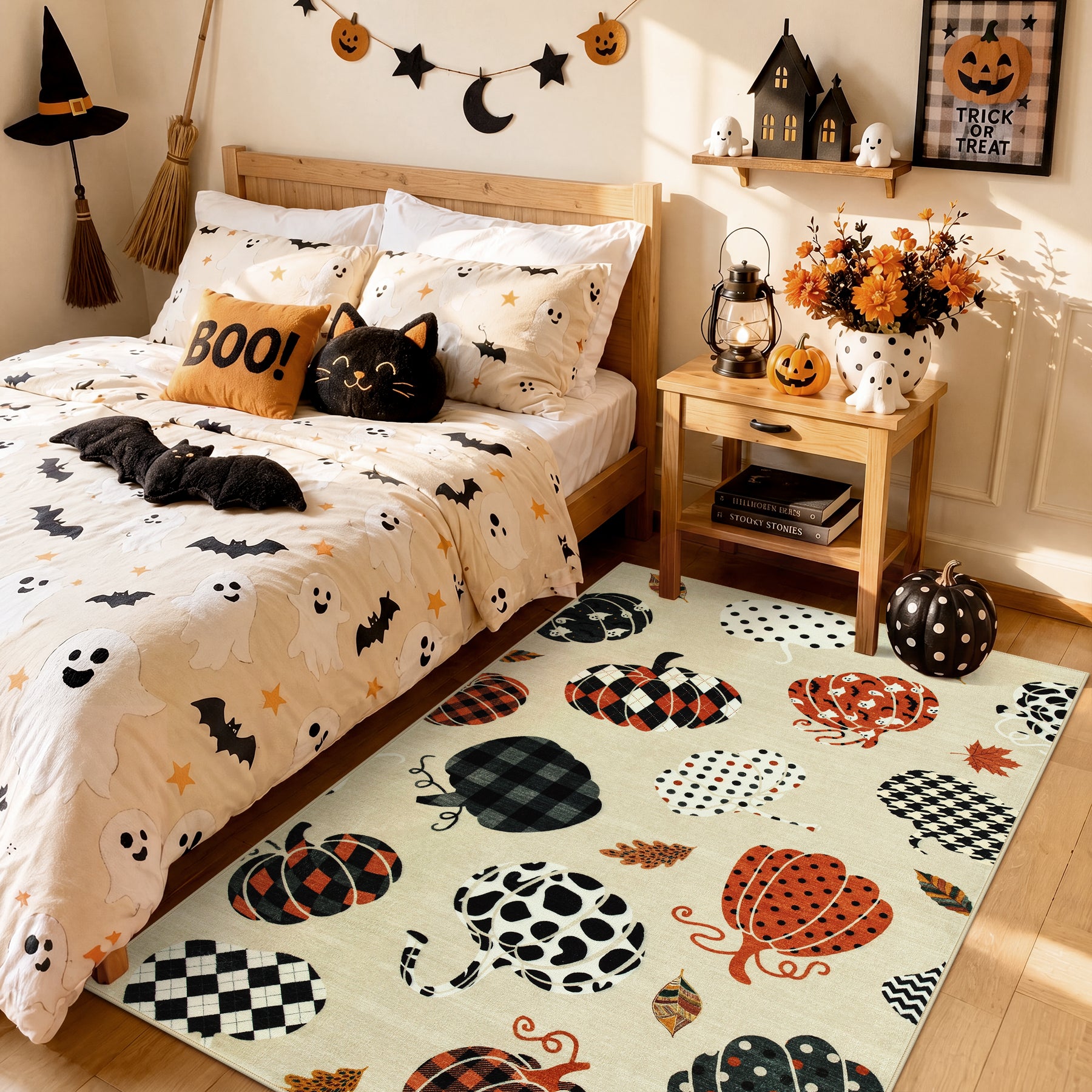Multiple Sizes Fall Pumpkin Area Rug, Rectangular Washable Non-Slip Halloween Farmhouse Runner Rug