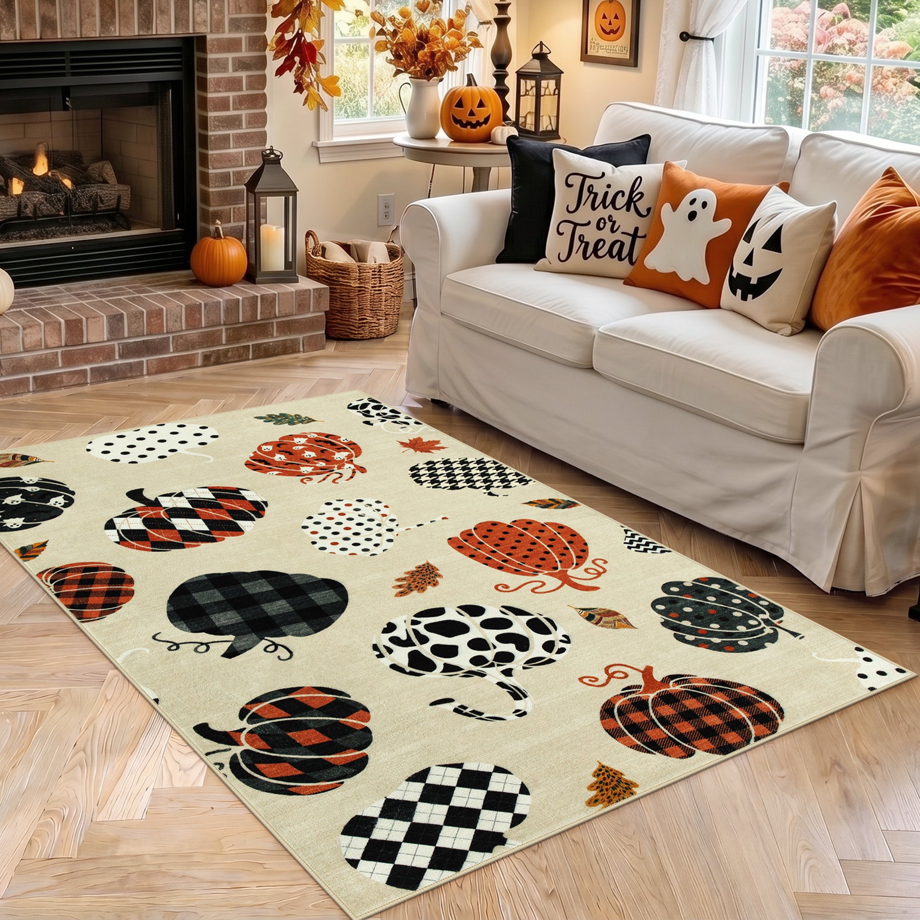 Multiple Sizes Fall Pumpkin Area Rug, Rectangular Washable Non-Slip Halloween Farmhouse Runner Rug