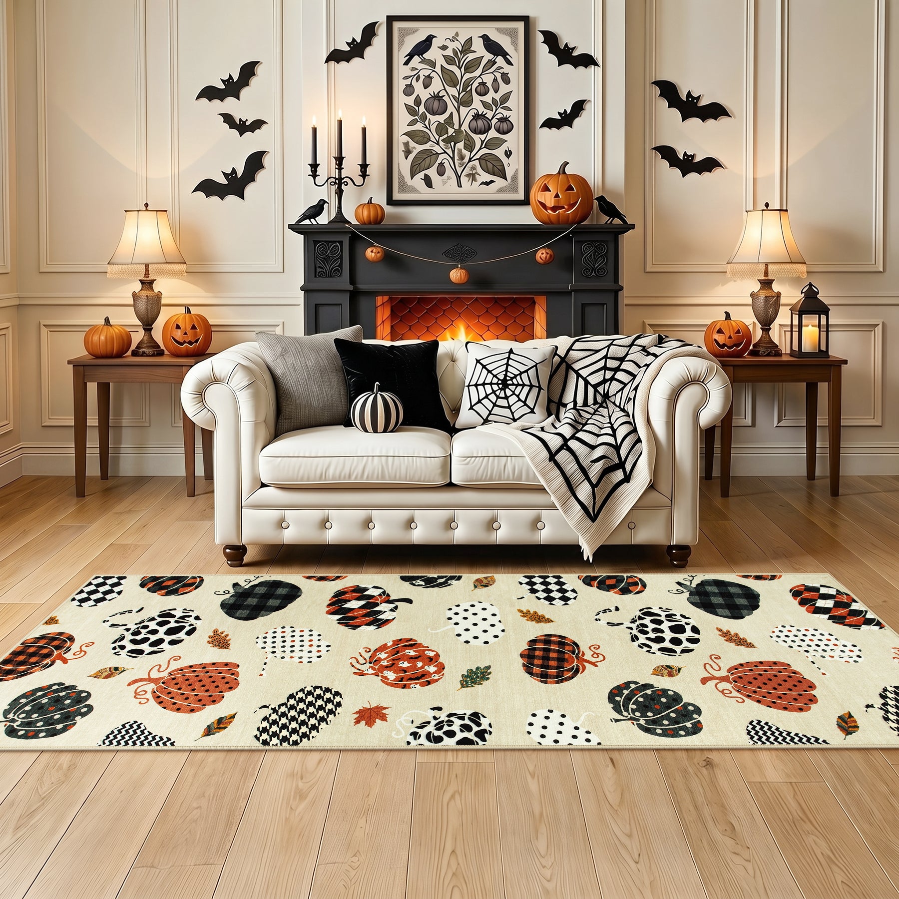 Multiple Sizes Fall Pumpkin Area Rug, Rectangular Washable Non-Slip Halloween Farmhouse Runner Rug