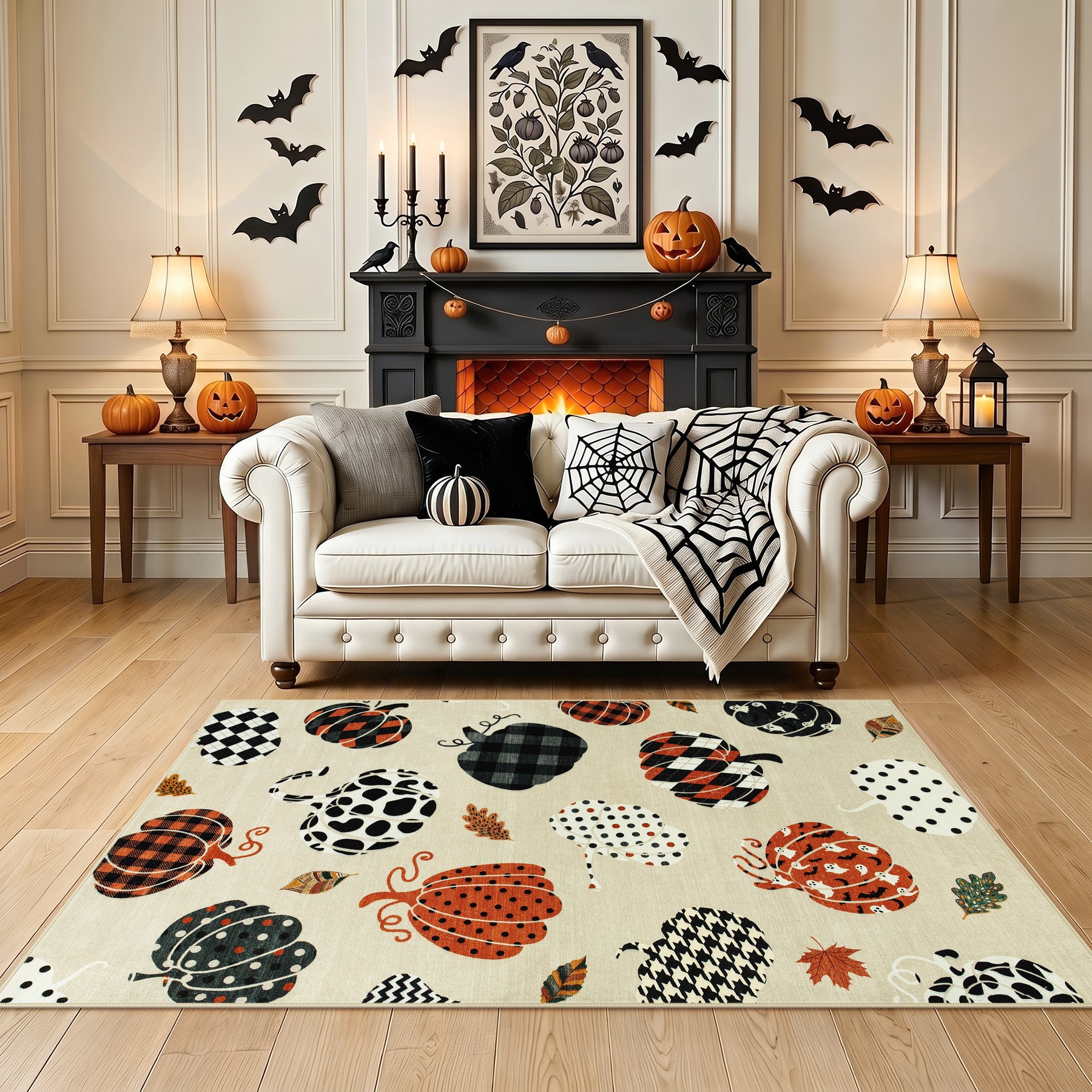 Multiple Sizes Fall Pumpkin Area Rug, Rectangular Washable Non-Slip Halloween Farmhouse Runner Rug