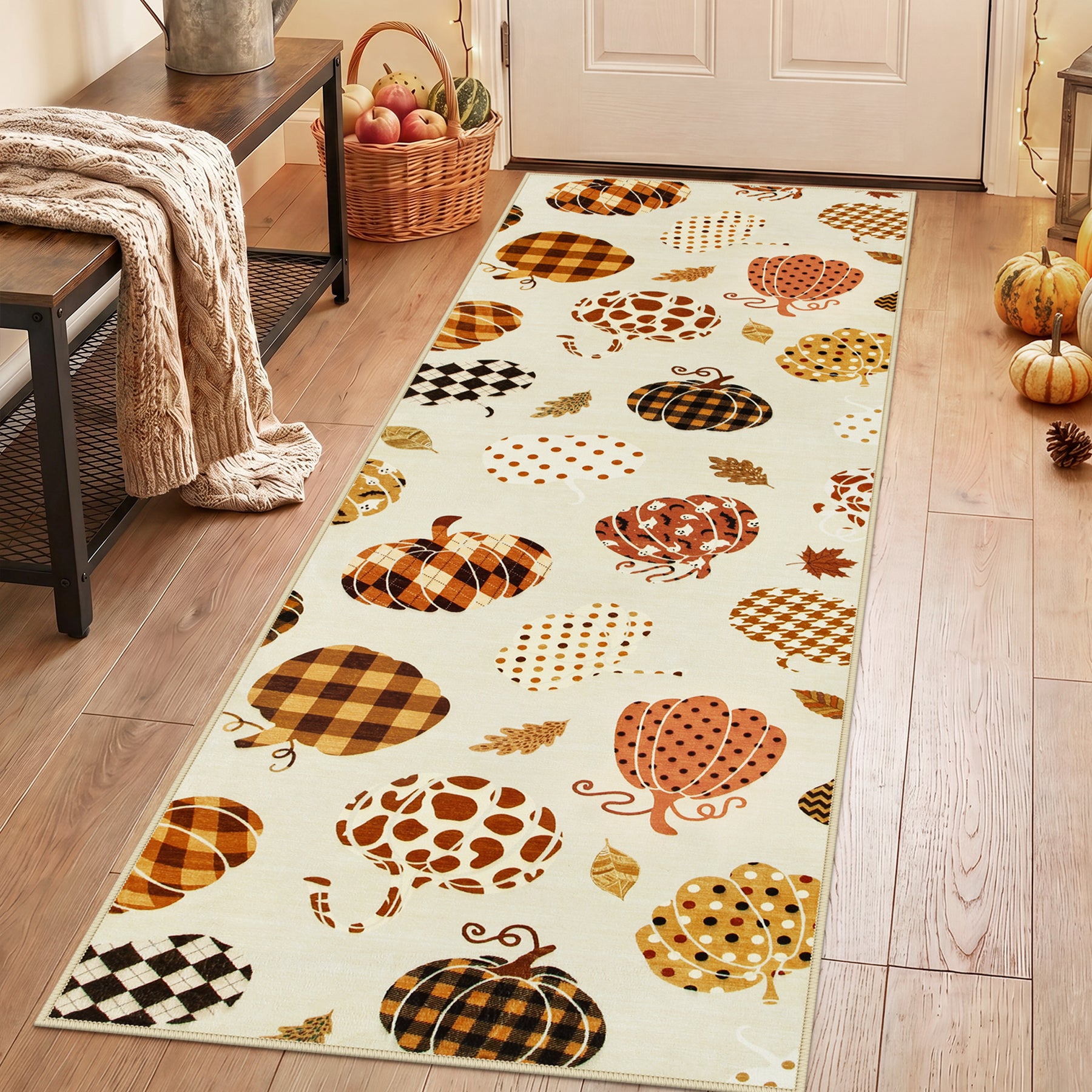 Multiple Sizes Fall Pumpkin Area Rug, Rectangular Washable Non-Slip Halloween Farmhouse Runner Rug