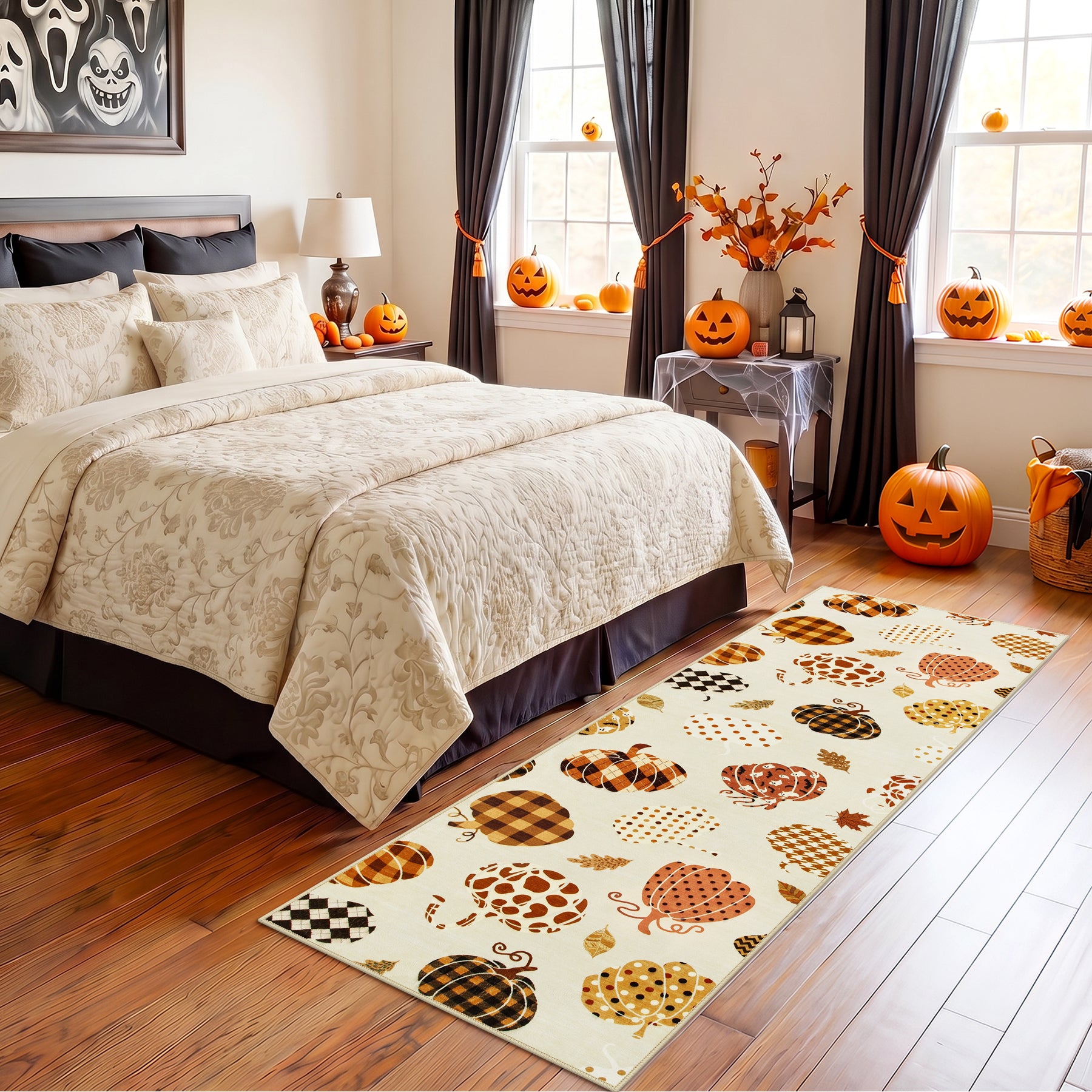 Multiple Sizes Fall Pumpkin Area Rug, Rectangular Washable Non-Slip Halloween Farmhouse Runner Rug