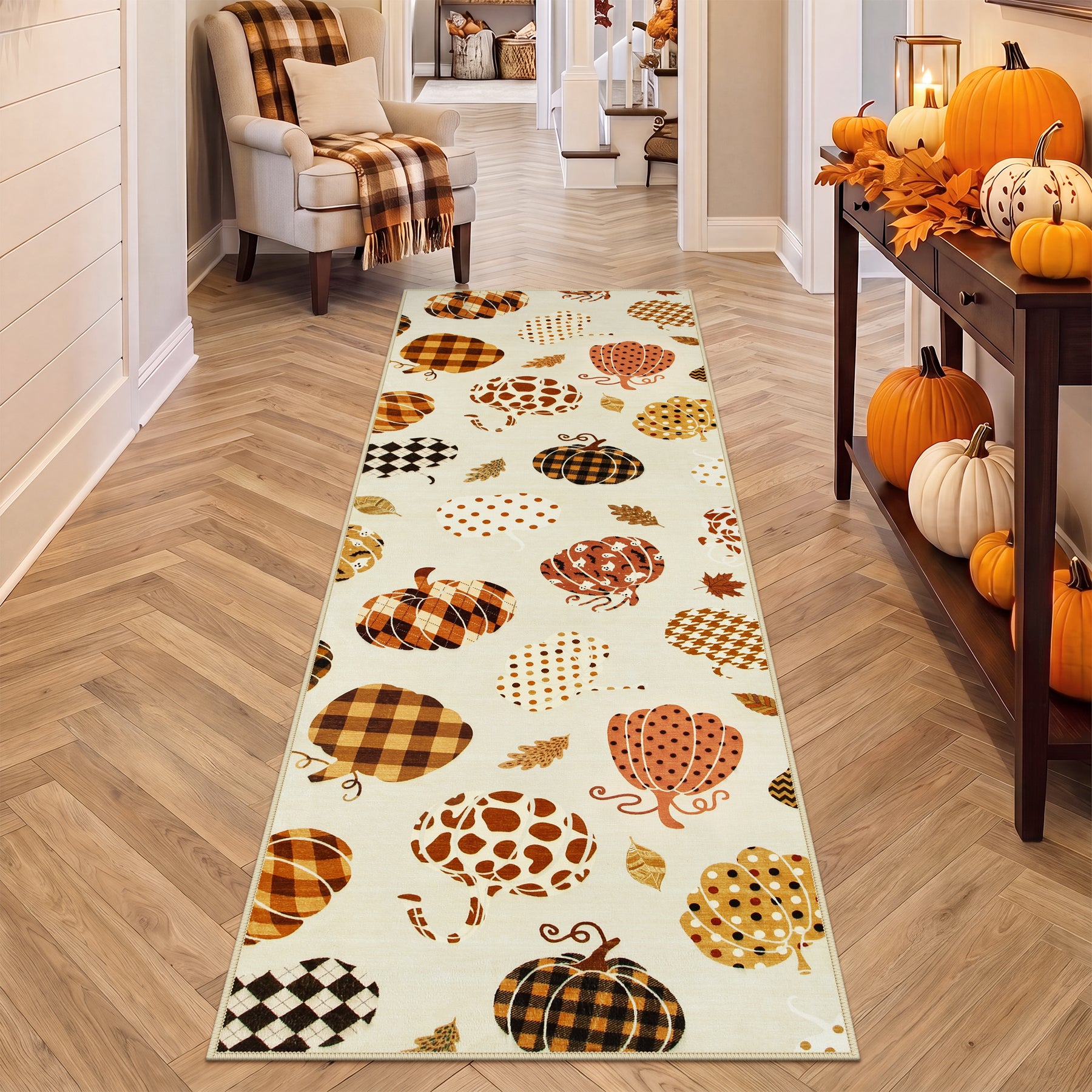 Multiple Sizes Fall Pumpkin Area Rug, Rectangular Washable Non-Slip Halloween Farmhouse Runner Rug