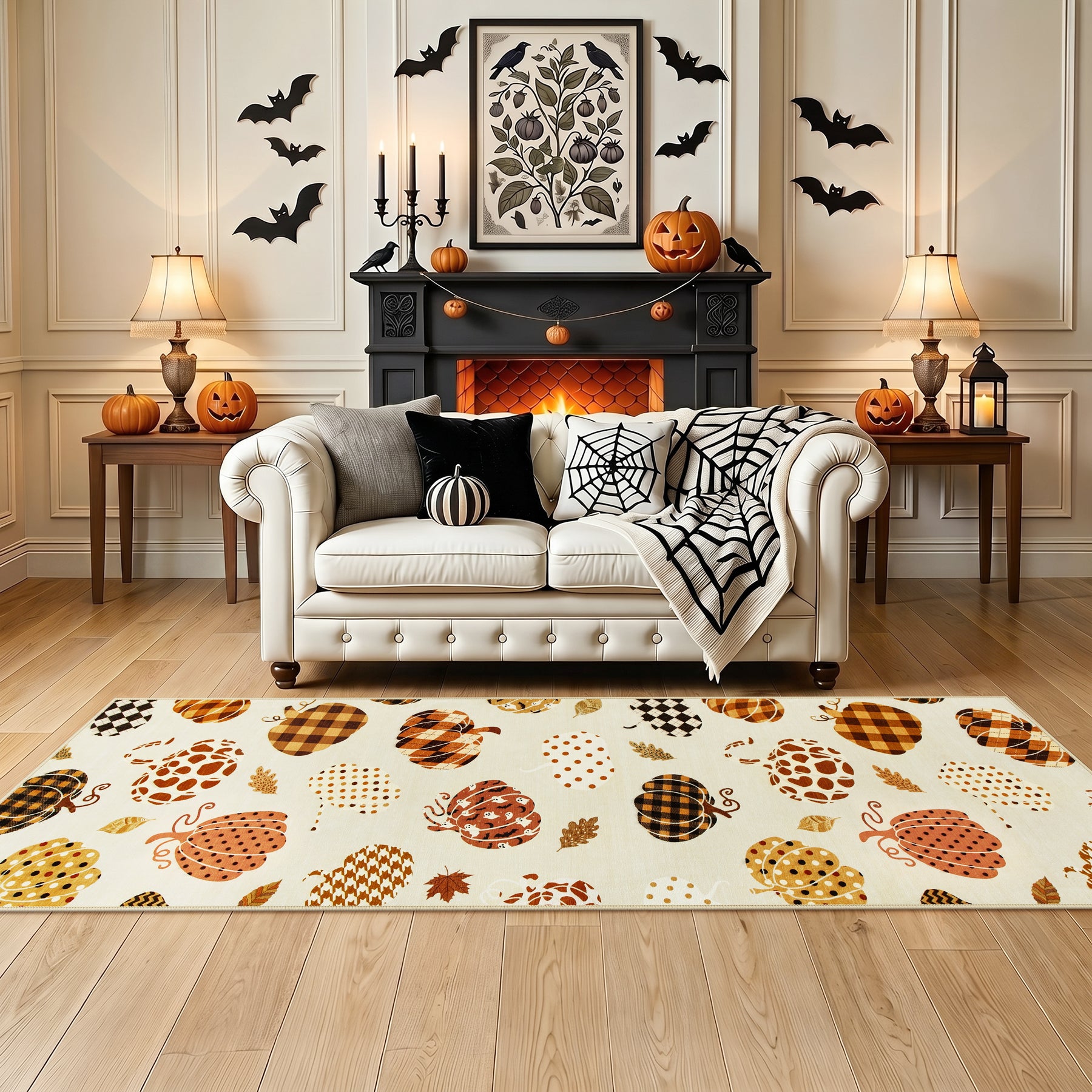 Multiple Sizes Fall Pumpkin Area Rug, Rectangular Washable Non-Slip Halloween Farmhouse Runner Rug