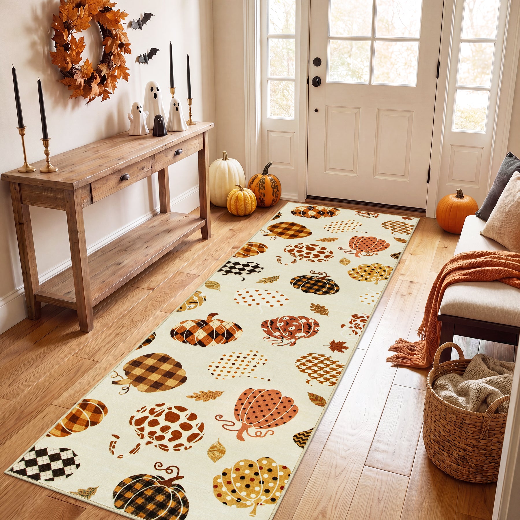 Multiple Sizes Fall Pumpkin Area Rug, Rectangular Washable Non-Slip Halloween Farmhouse Runner Rug