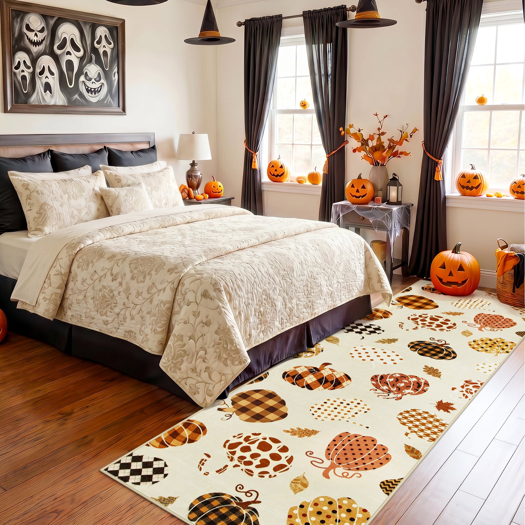 Multiple Sizes Fall Pumpkin Area Rug, Rectangular Washable Non-Slip Halloween Farmhouse Runner Rug
