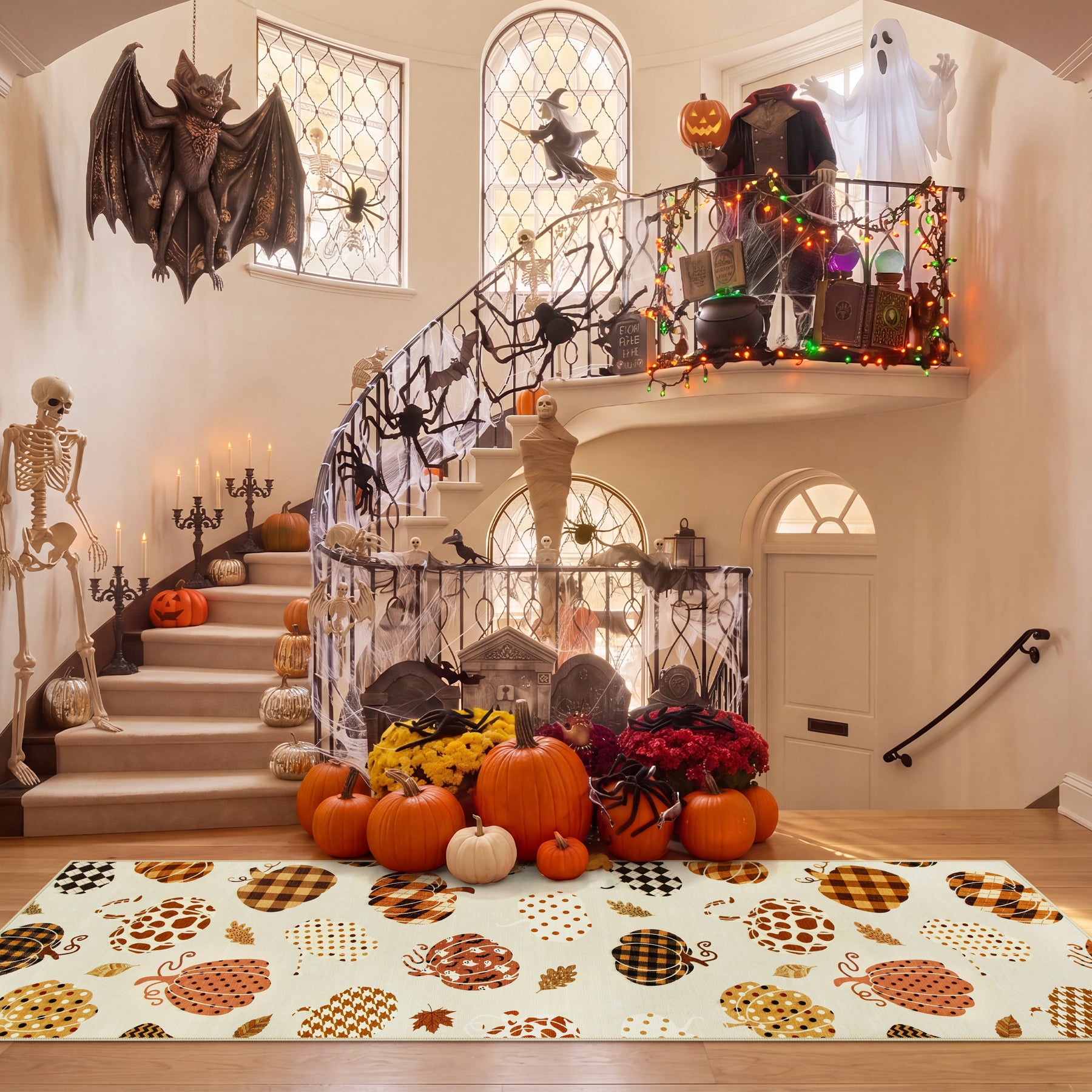 Multiple Sizes Fall Pumpkin Area Rug, Rectangular Washable Non-Slip Halloween Farmhouse Runner Rug