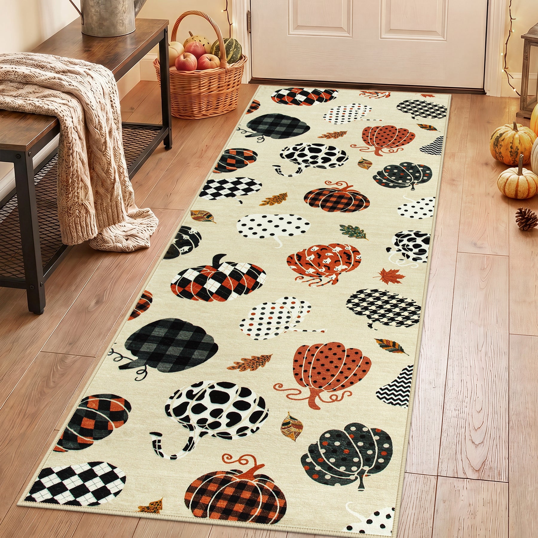 Multiple Sizes Fall Pumpkin Area Rug, Rectangular Washable Non-Slip Halloween Farmhouse Runner Rug