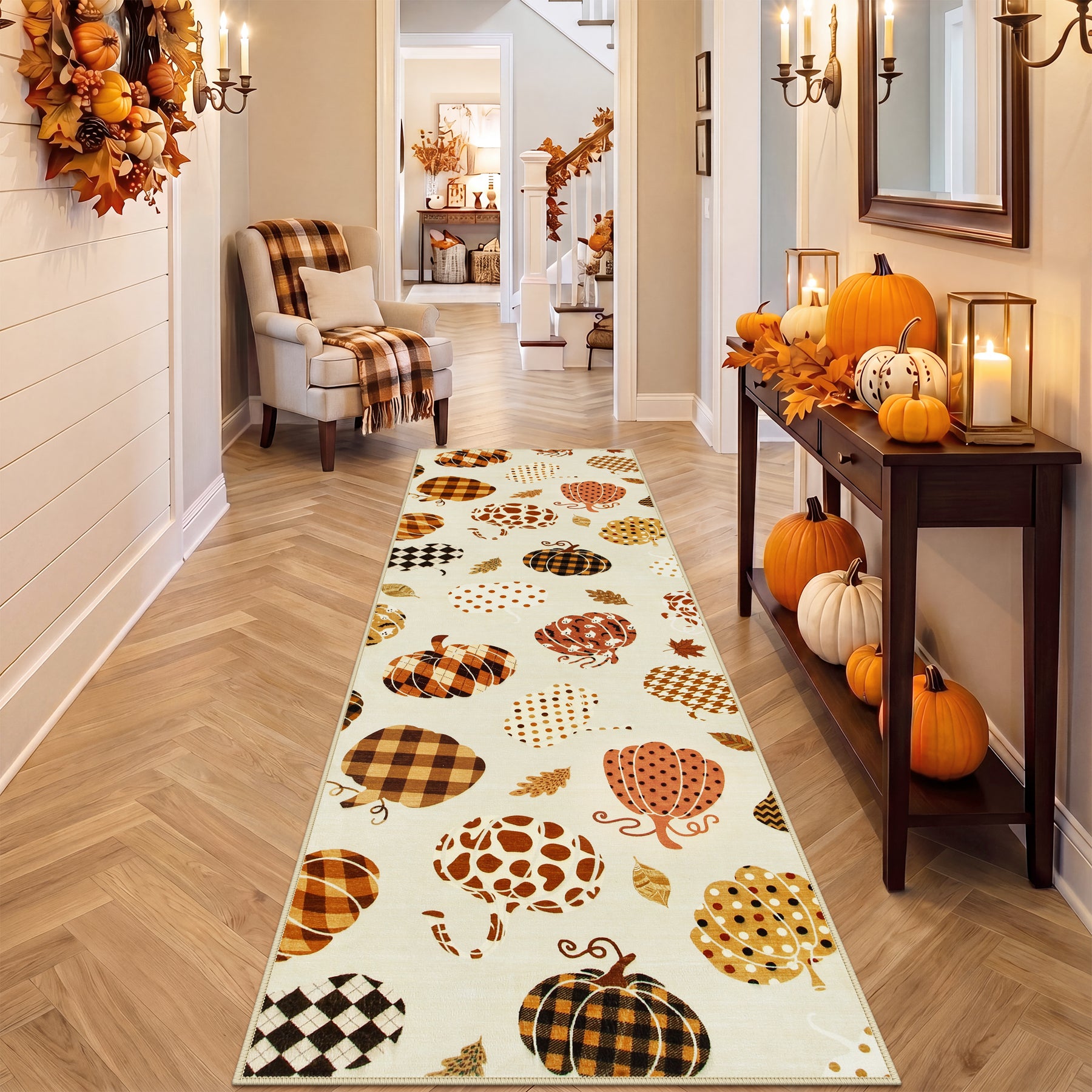 Multiple Sizes Fall Pumpkin Area Rug, Rectangular Washable Non-Slip Halloween Farmhouse Runner Rug