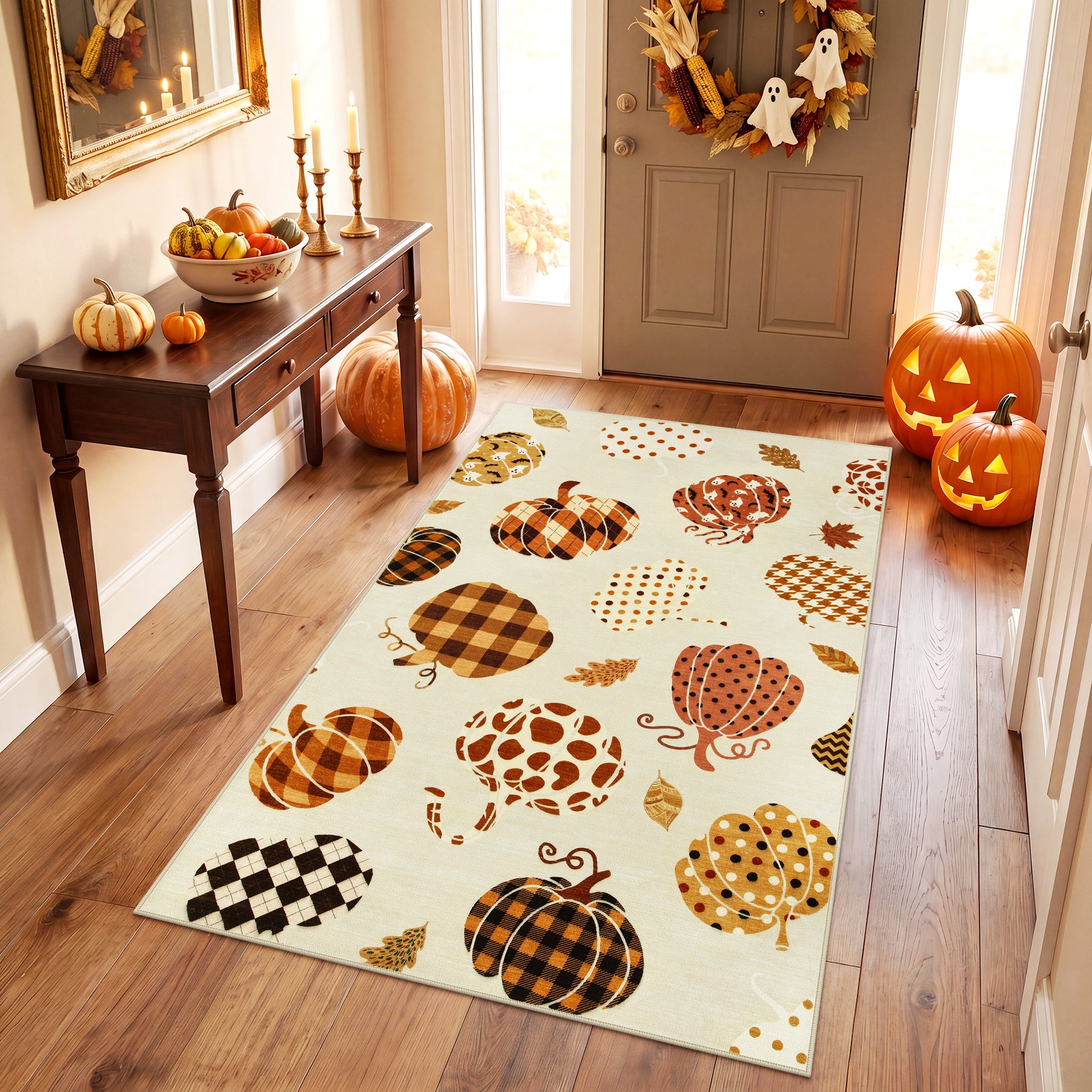 Multiple Sizes Fall Pumpkin Area Rug, Rectangular Washable Non-Slip Halloween Farmhouse Runner Rug