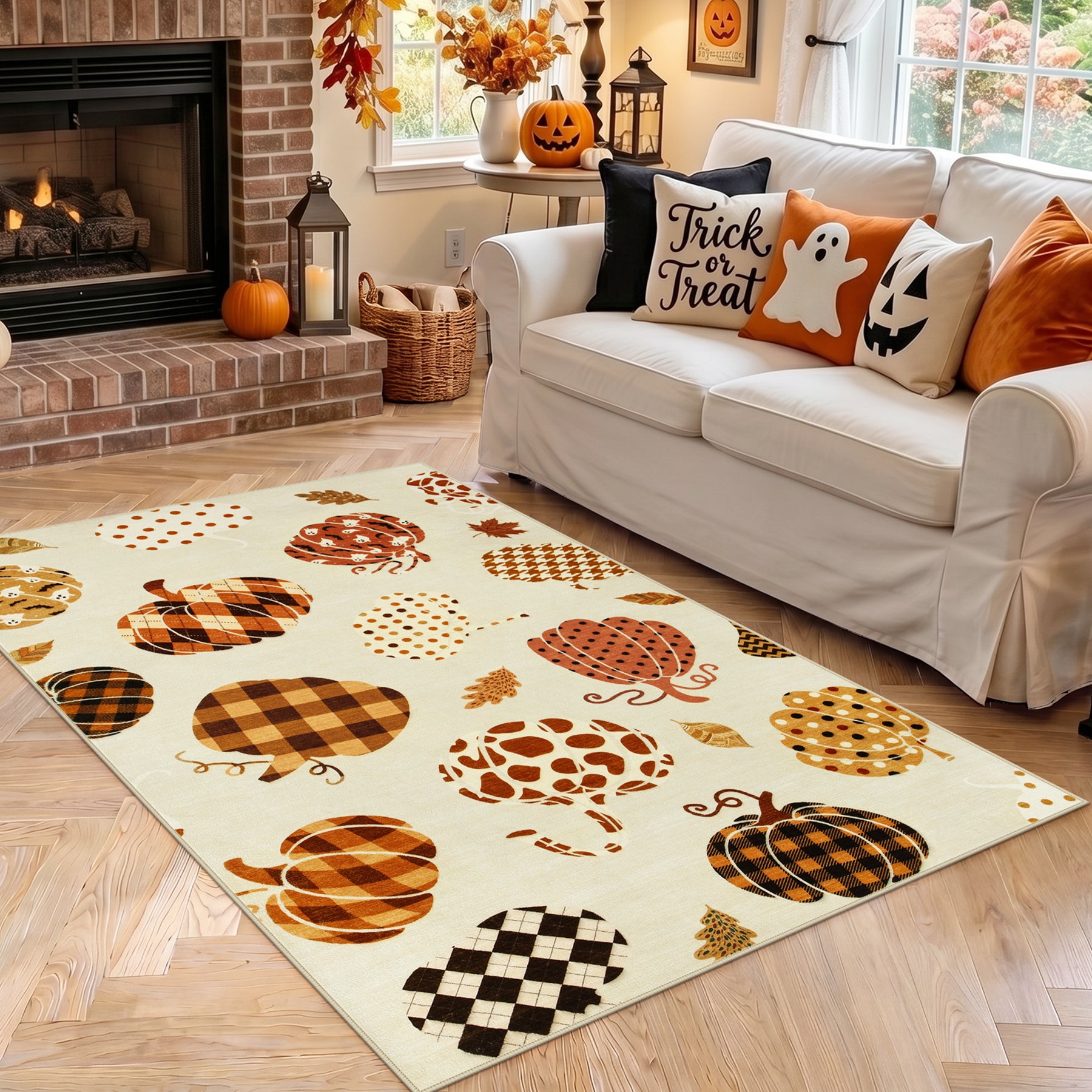 Multiple Sizes Fall Pumpkin Area Rug, Rectangular Washable Non-Slip Halloween Farmhouse Runner Rug