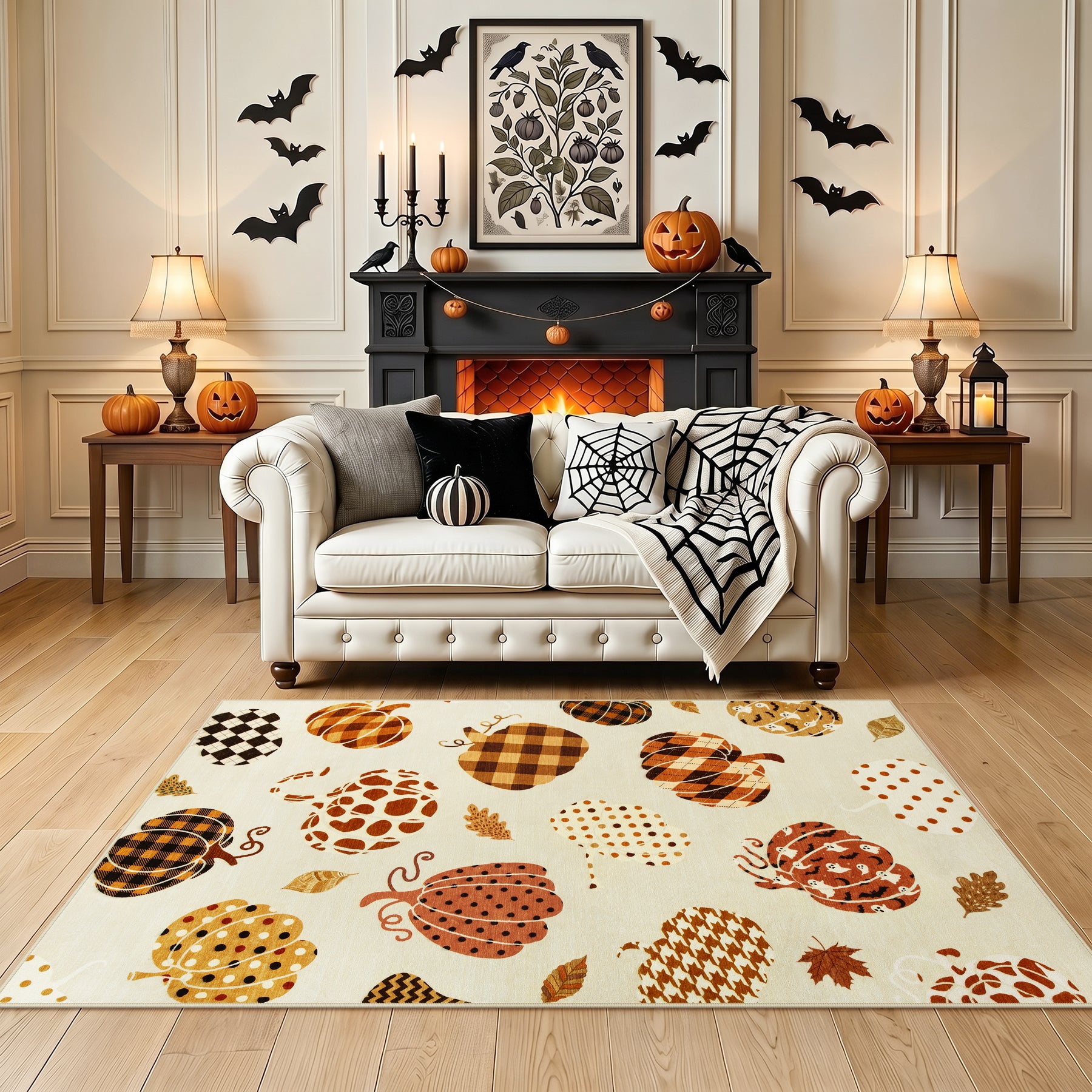 Multiple Sizes Fall Pumpkin Area Rug, Rectangular Washable Non-Slip Halloween Farmhouse Runner Rug