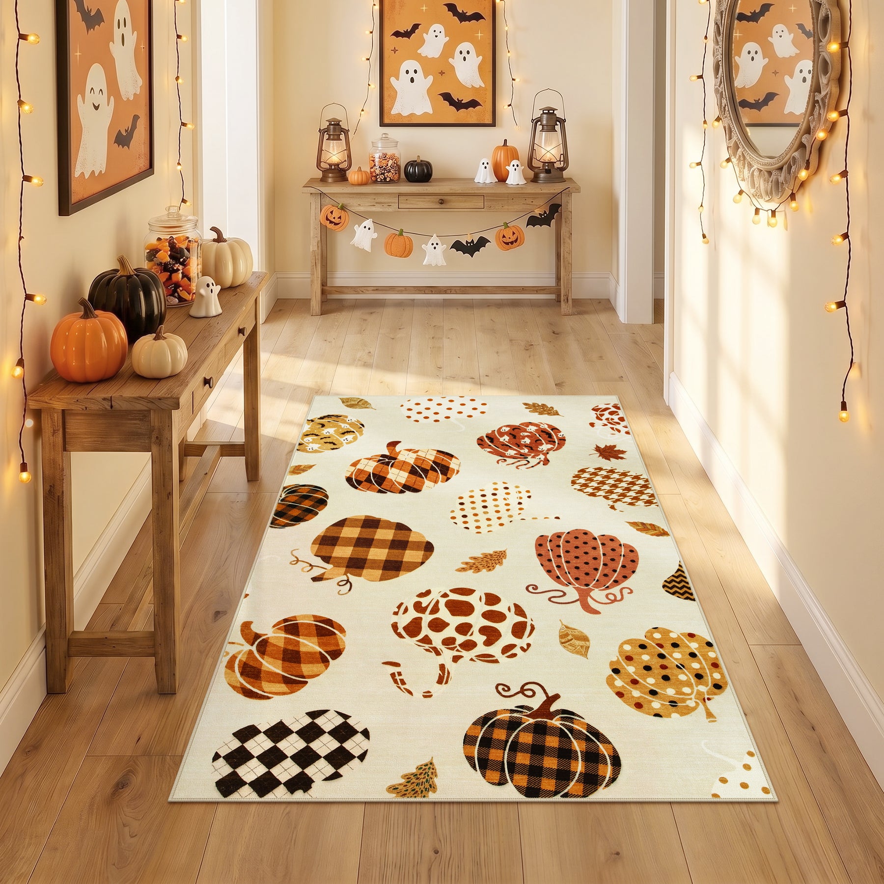 Multiple Sizes Fall Pumpkin Area Rug, Rectangular Washable Non-Slip Halloween Farmhouse Runner Rug