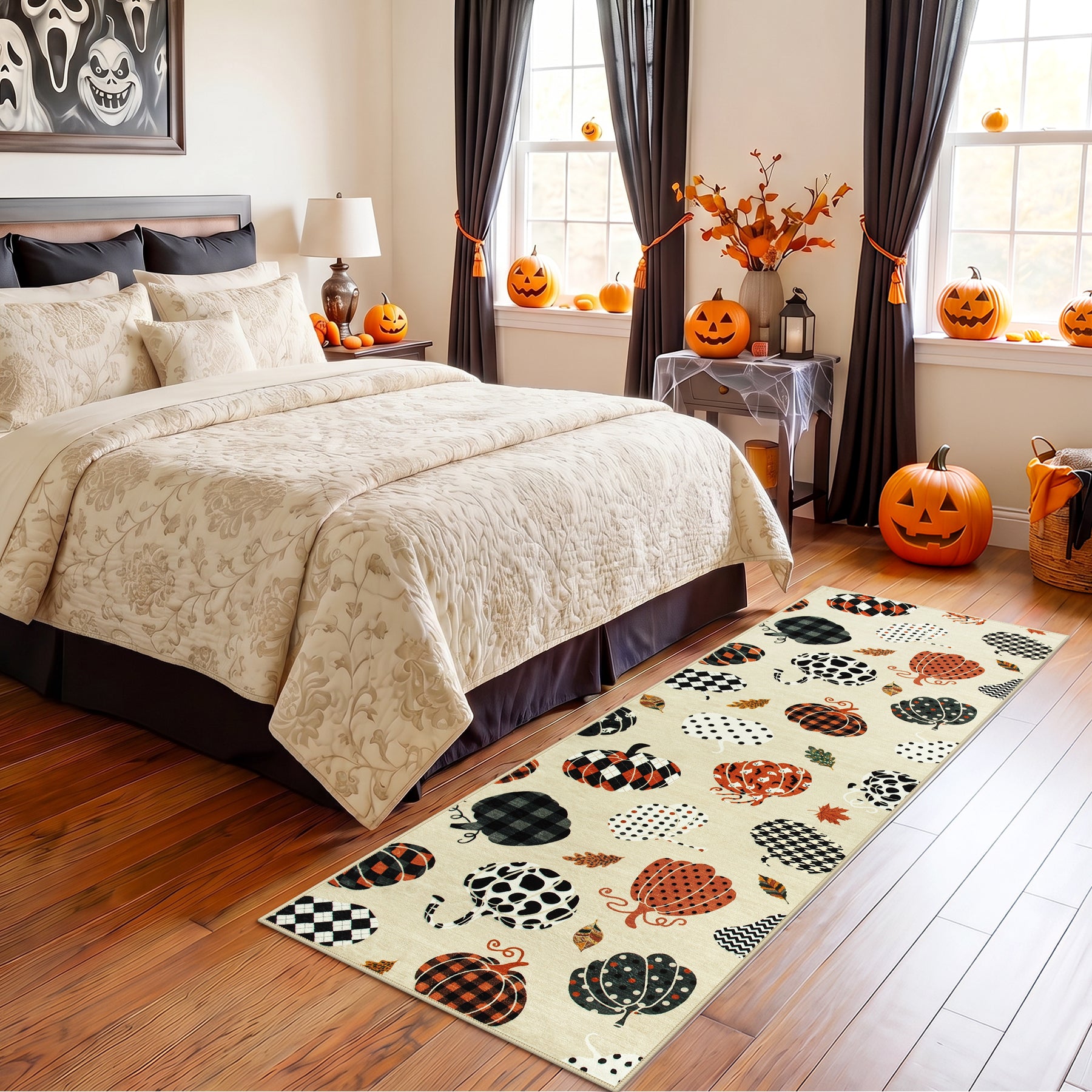 Multiple Sizes Fall Pumpkin Area Rug, Rectangular Washable Non-Slip Halloween Farmhouse Runner Rug