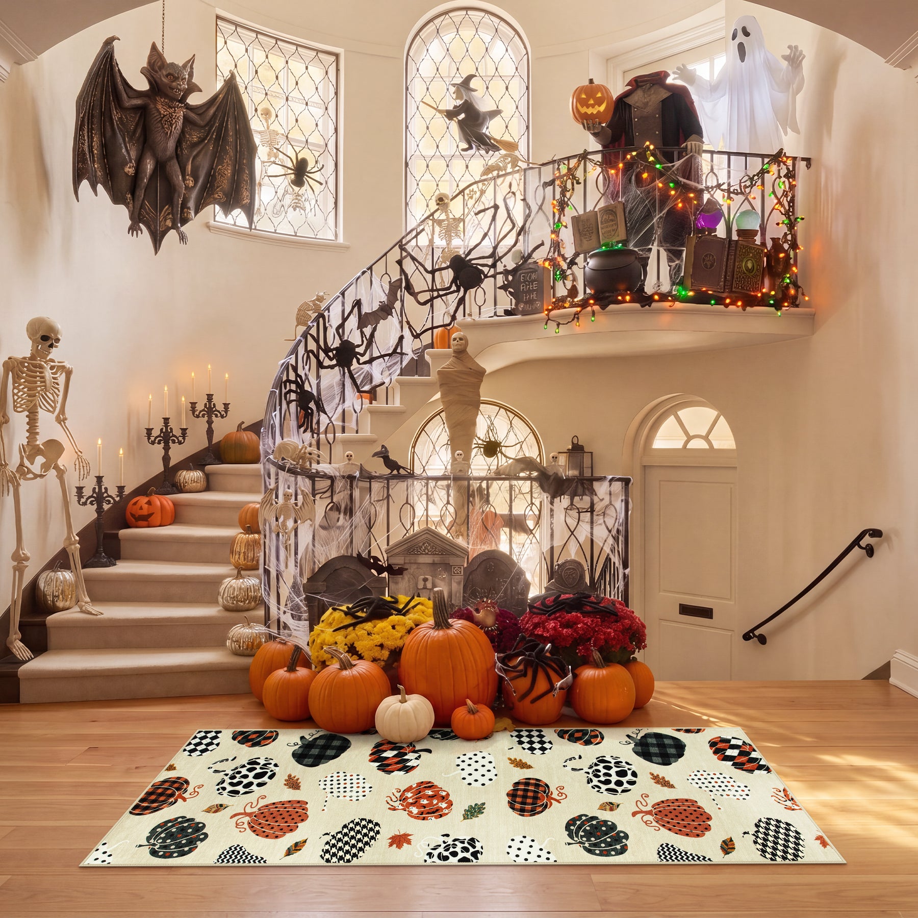 Multiple Sizes Fall Pumpkin Area Rug, Rectangular Washable Non-Slip Halloween Farmhouse Runner Rug