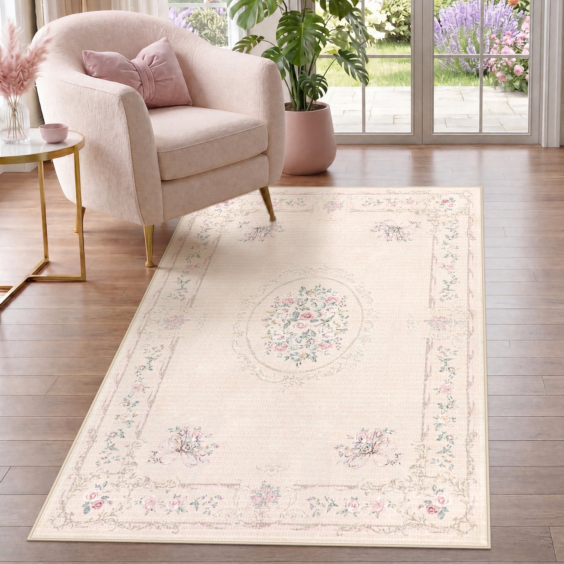 3x5 Floral Boho Vintage Area Rug#Color_Beige/Pink