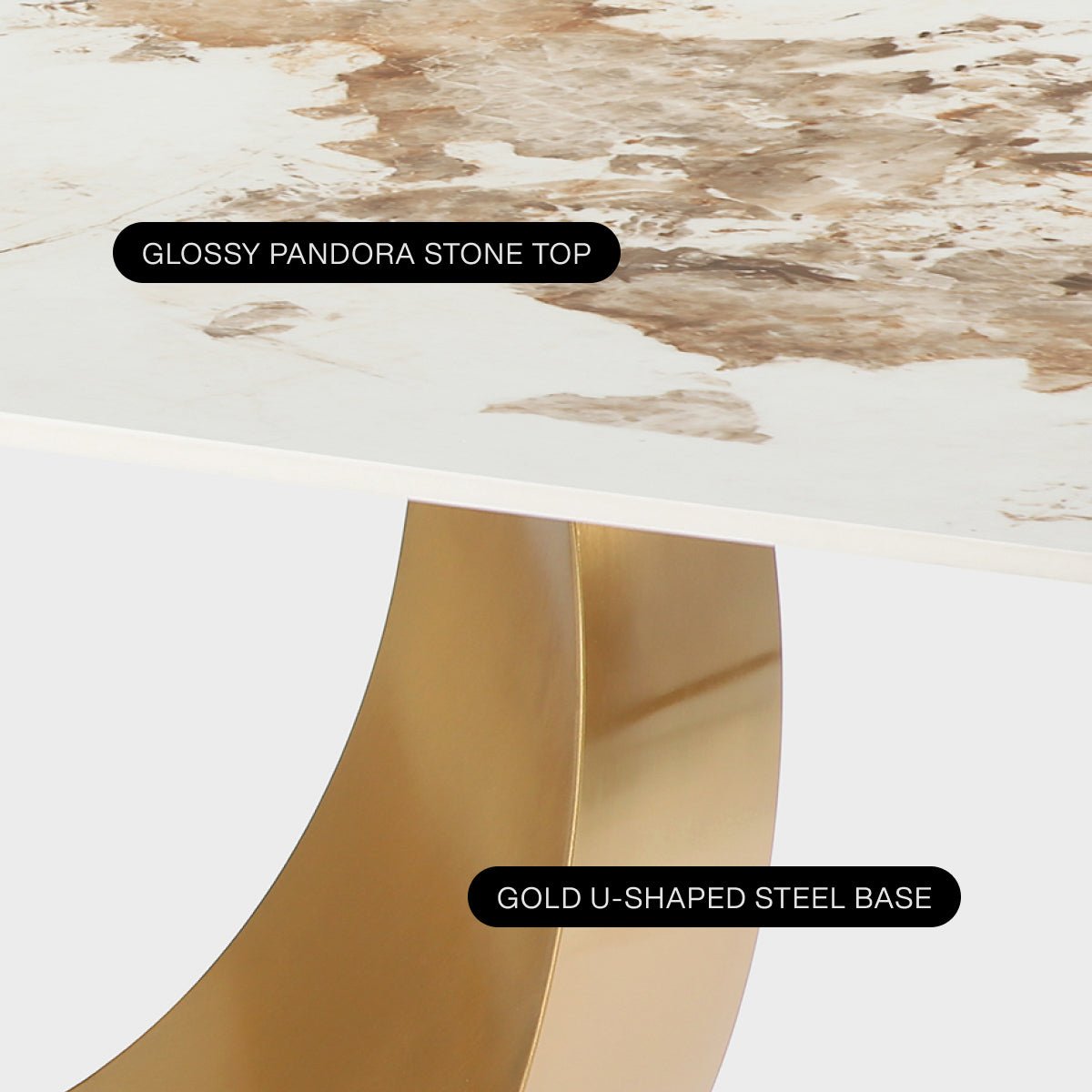 78.74" Glossy Pandora Rectangular Sintered Stone Dining Table for 8-10 with Gold Base