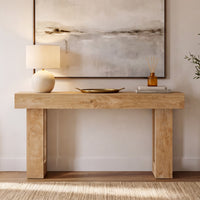 63" Wood Sofa Table with natural finish placed against a wall with modern decor, lamp and artwork in a bright entryway
#Color_Natural