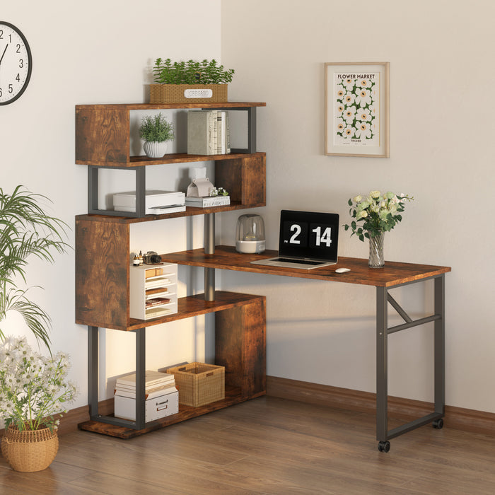 Rotating Desk with 5-Tier Bookshelf, Reversible Computer Desk with Wheels