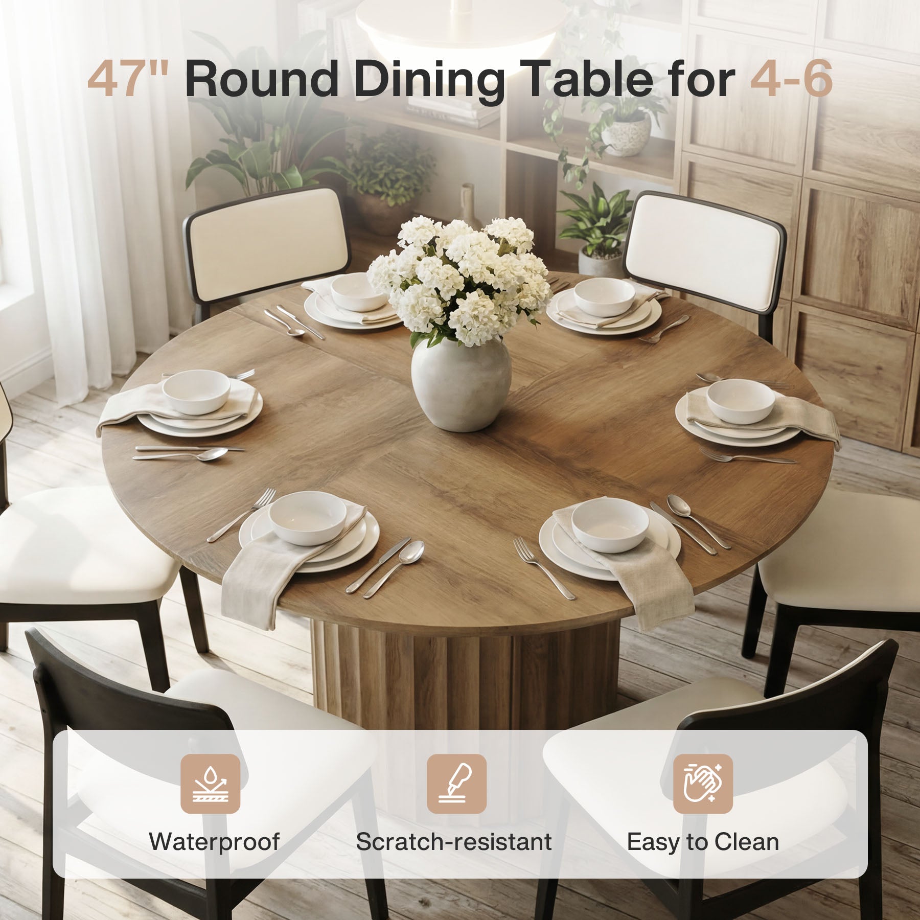 47" Round Dining Table for 4-6, Modern Kitchen Table with Fluted Pedestal Base for Dining Room