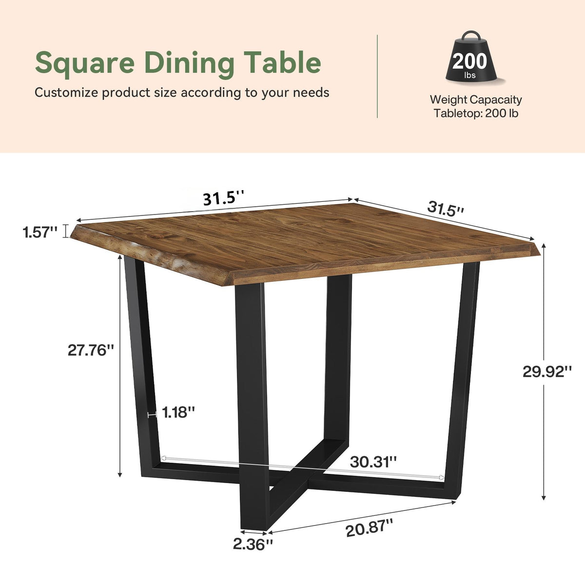 31.5" Solid Wood Square Dining Table with Live Edge Top & Cross-Braced Metal Legs