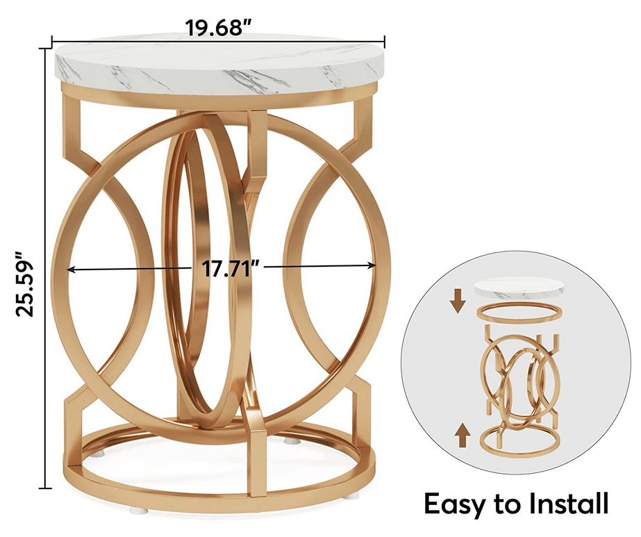Round End Table, Modern Bedside Table with Faux Marble Top