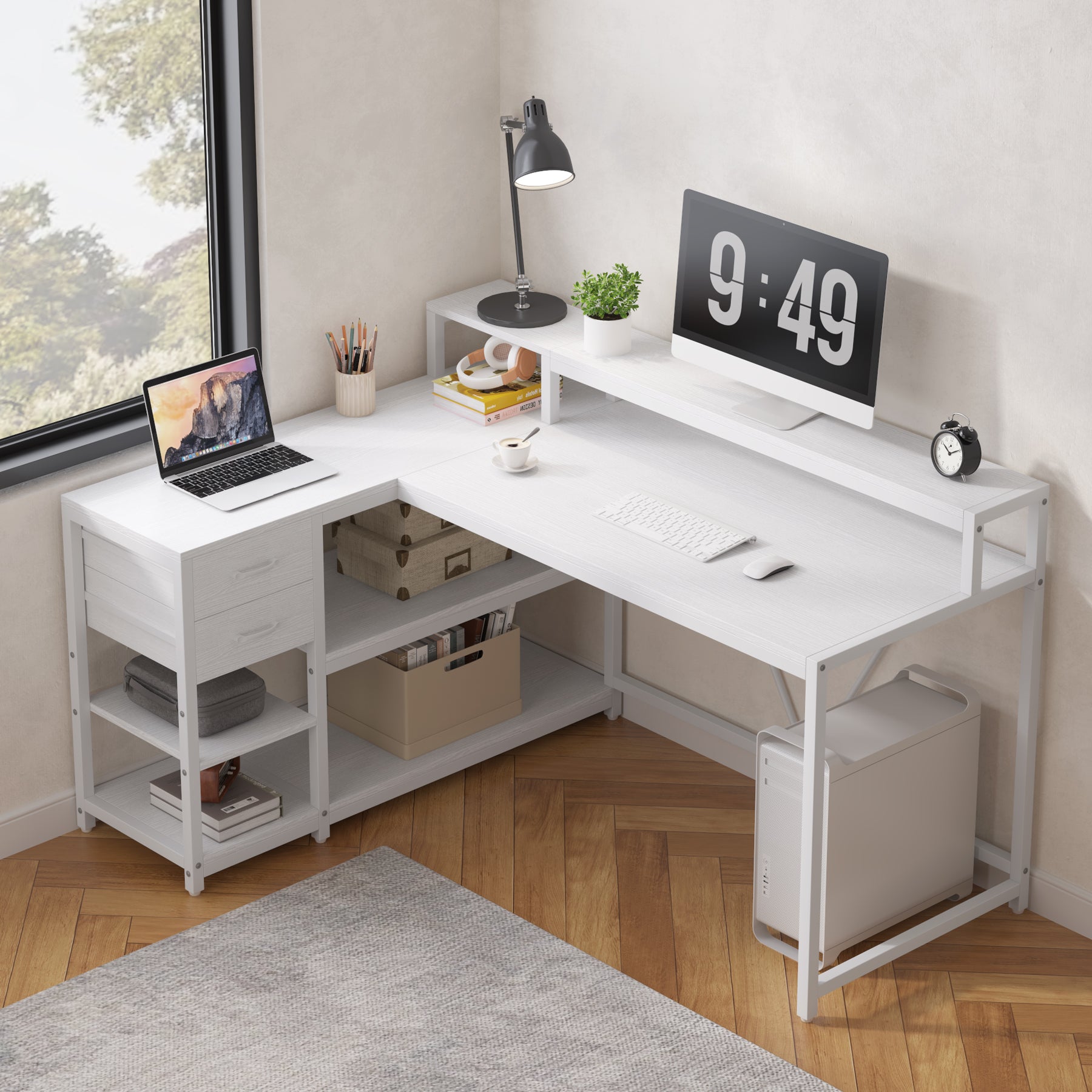 Reversible L-Shaped Desk, Industrial Corner Desk with Drawer & Shelves