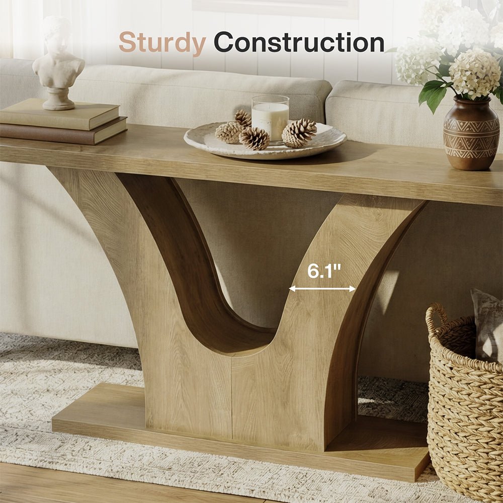63" Farmhouse Console Table with 2-Tier Storage, Narrow Sofa Table with Curved U-Shape Base